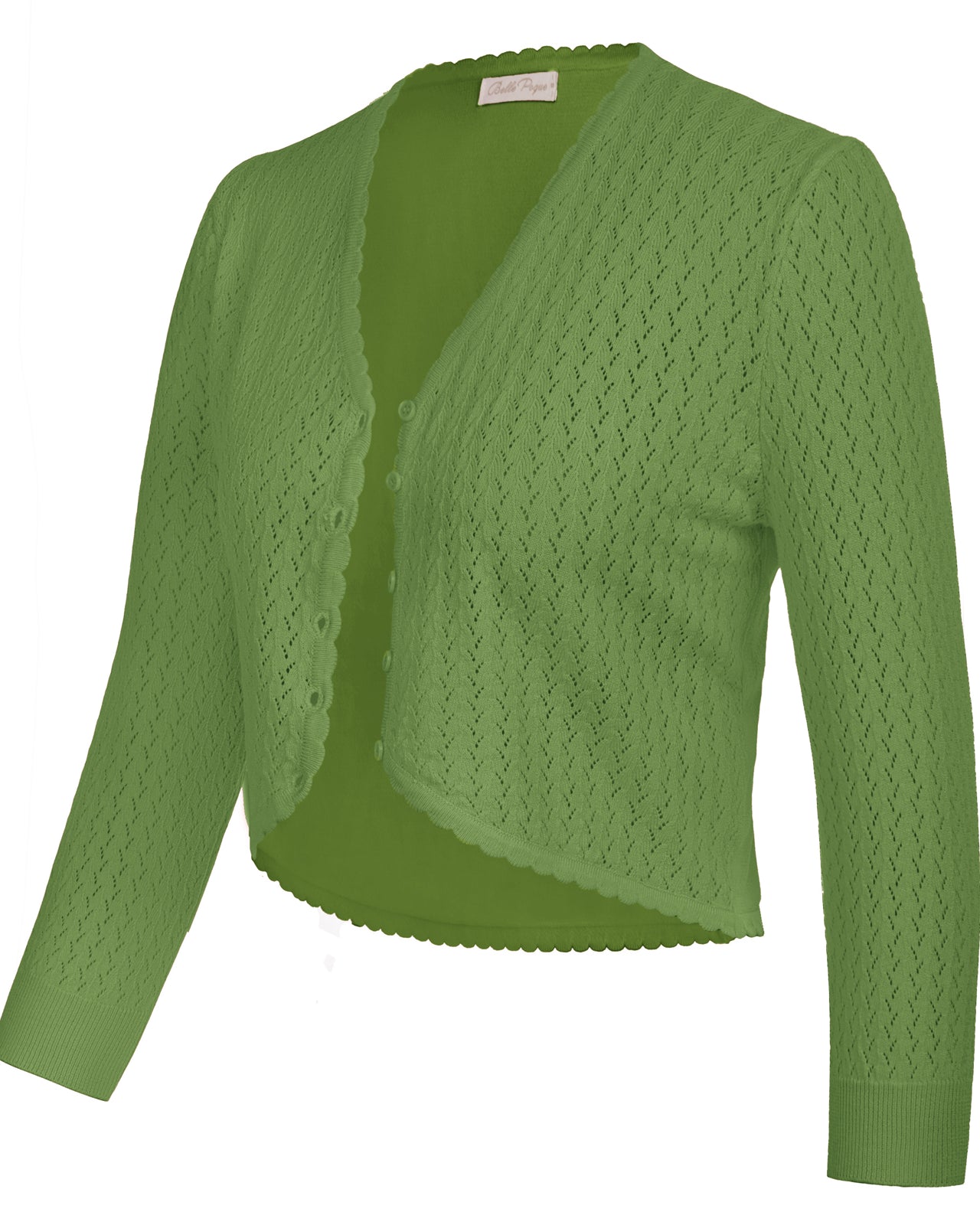 belle poque Hollowed-Out Cardigan 3/4 Sleeve V-Neck Button-up Cropped Knitwear