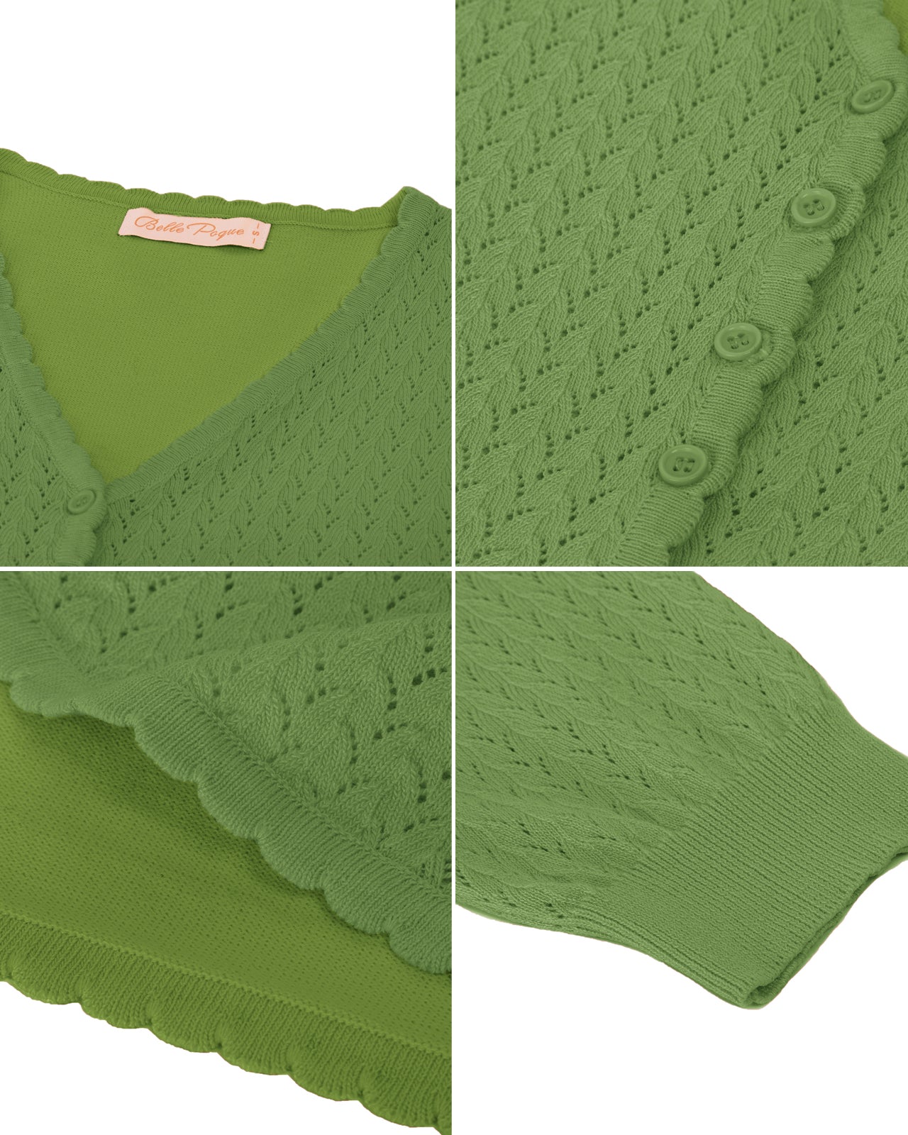 belle poque Hollowed-Out Cardigan 3/4 Sleeve V-Neck Button-up Cropped Knitwear