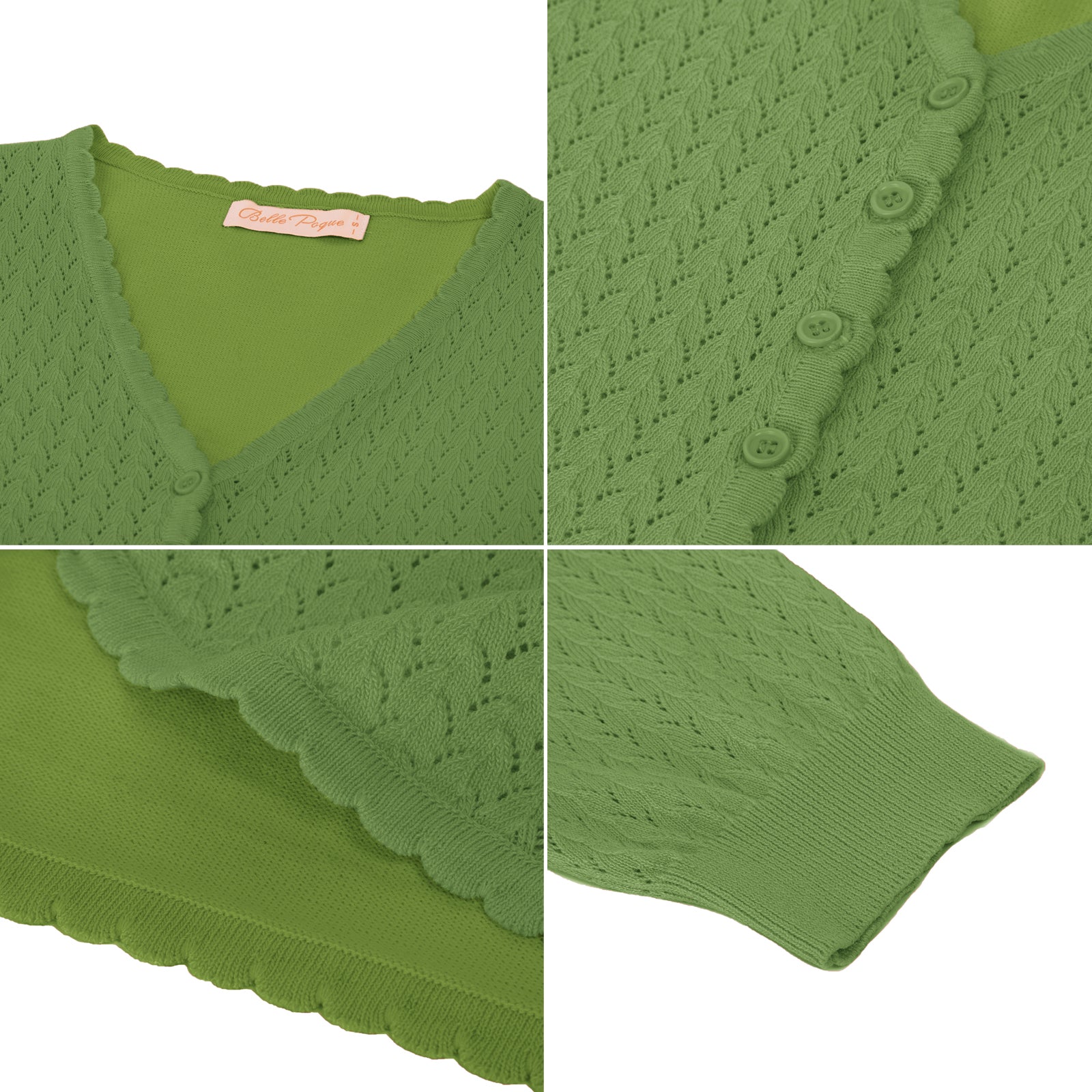 belle poque Hollowed-Out Cardigan 3/4 Sleeve V-Neck Button-up Cropped Knitwear