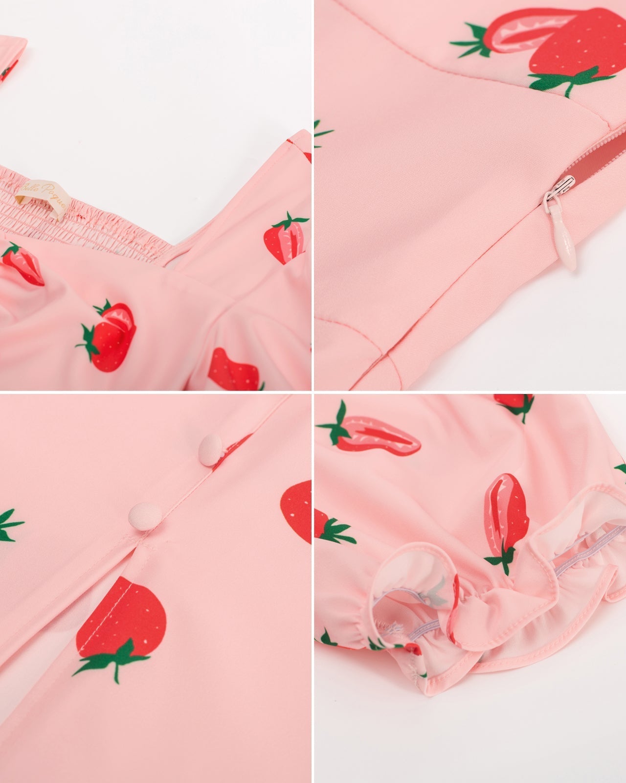 belle poque Vintage Strawberry Patterns Front Slit Dress Puffed Short Sleeve Sweetheart Neck Dress