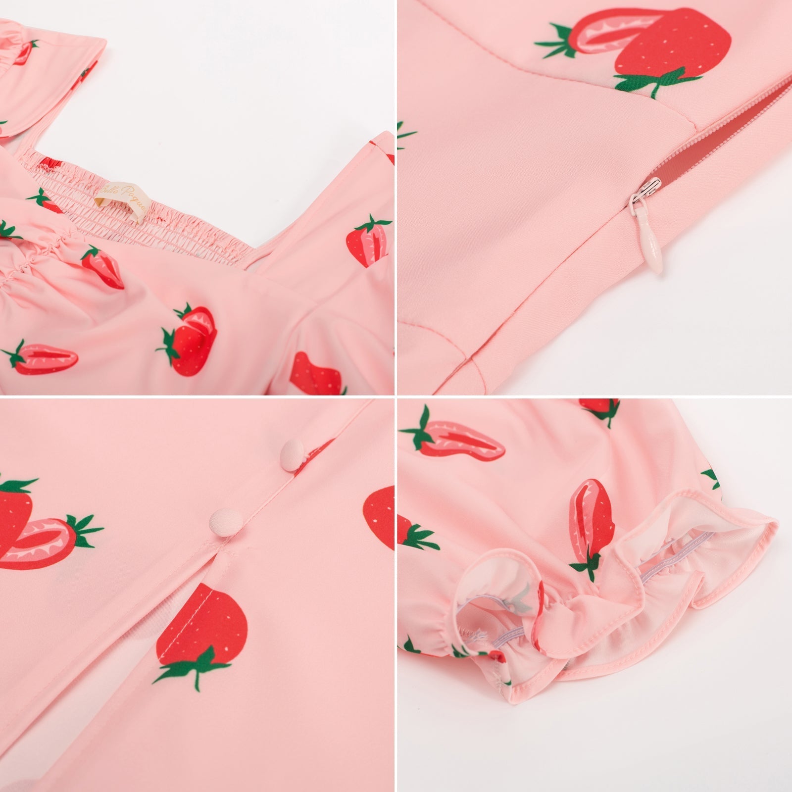 belle poque Vintage Strawberry Patterns Front Slit Dress Puffed Short Sleeve Sweetheart Neck Dress