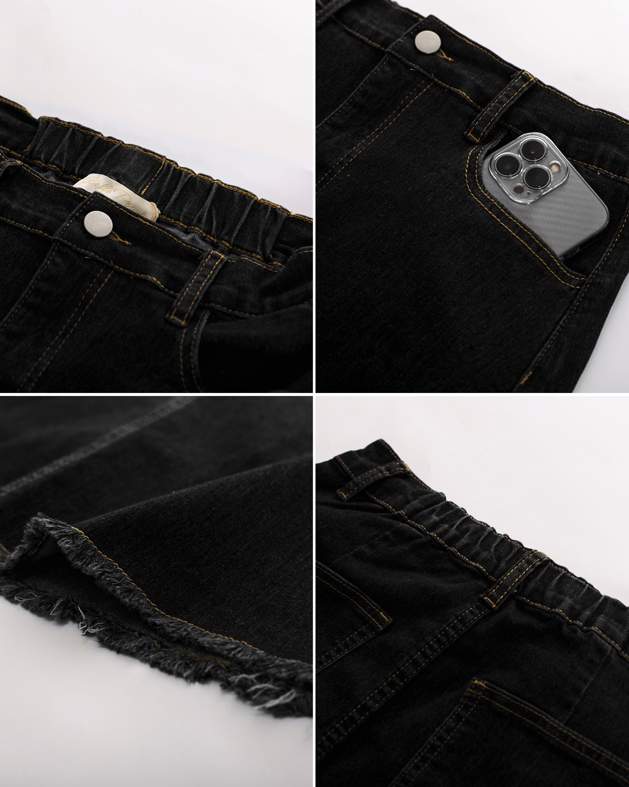 belle poque Multi-Pocket Jean Skirt Elastic High Waist Raw Hem Midi A-Line Skirt