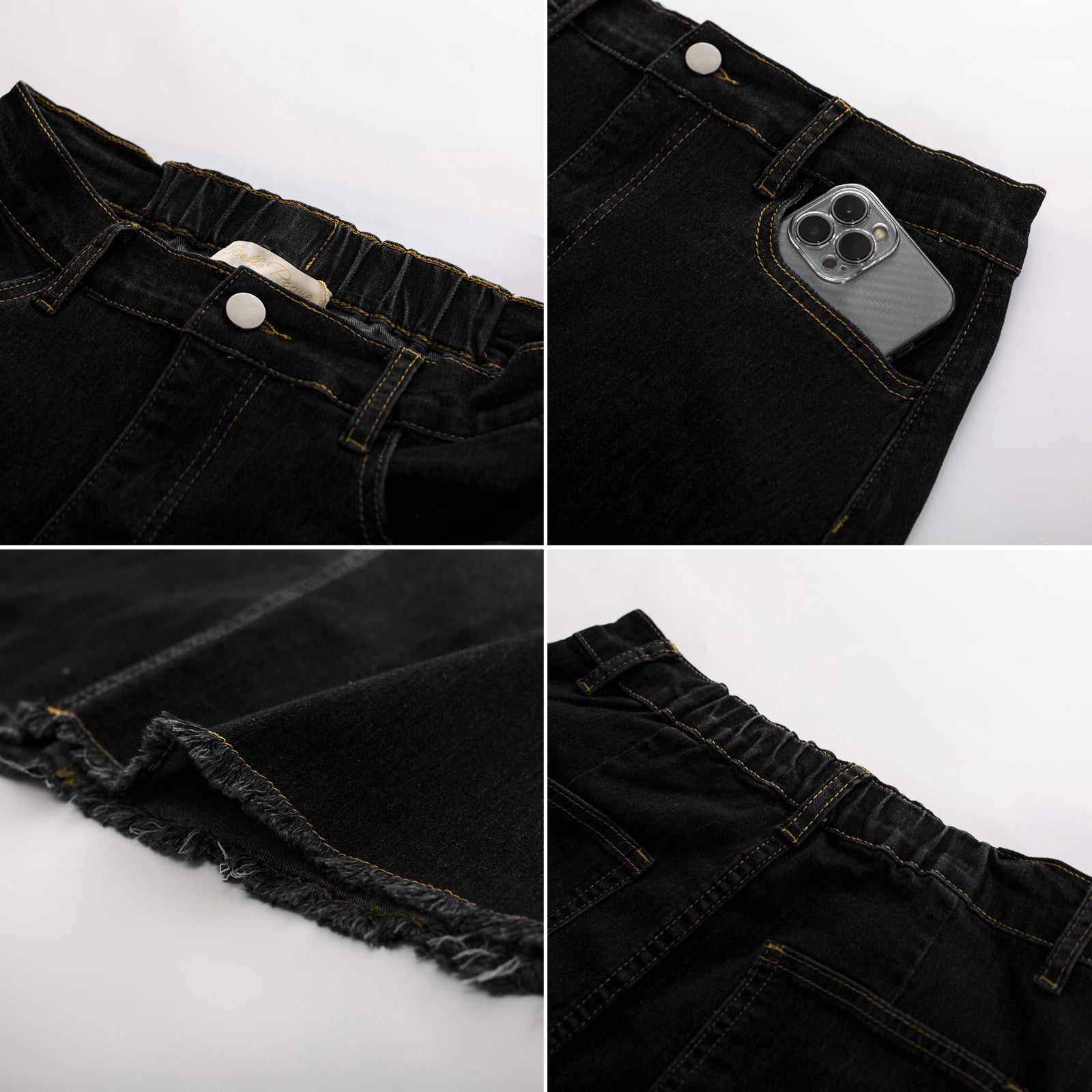 belle poque Multi-Pocket Jean Skirt Elastic High Waist Raw Hem Midi A-Line Skirt