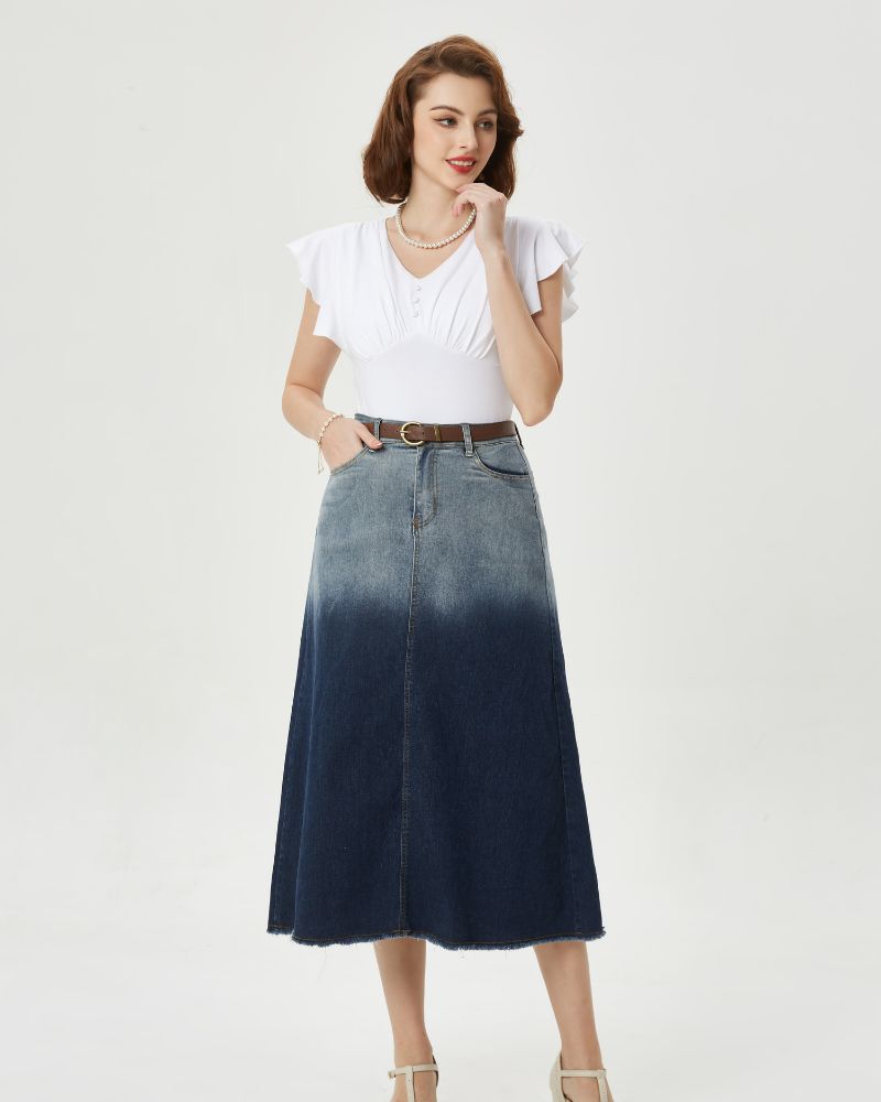 belle poque Multi-Pocket Jean Skirt Elastic High Waist Raw Hem Midi A-Line Skirt