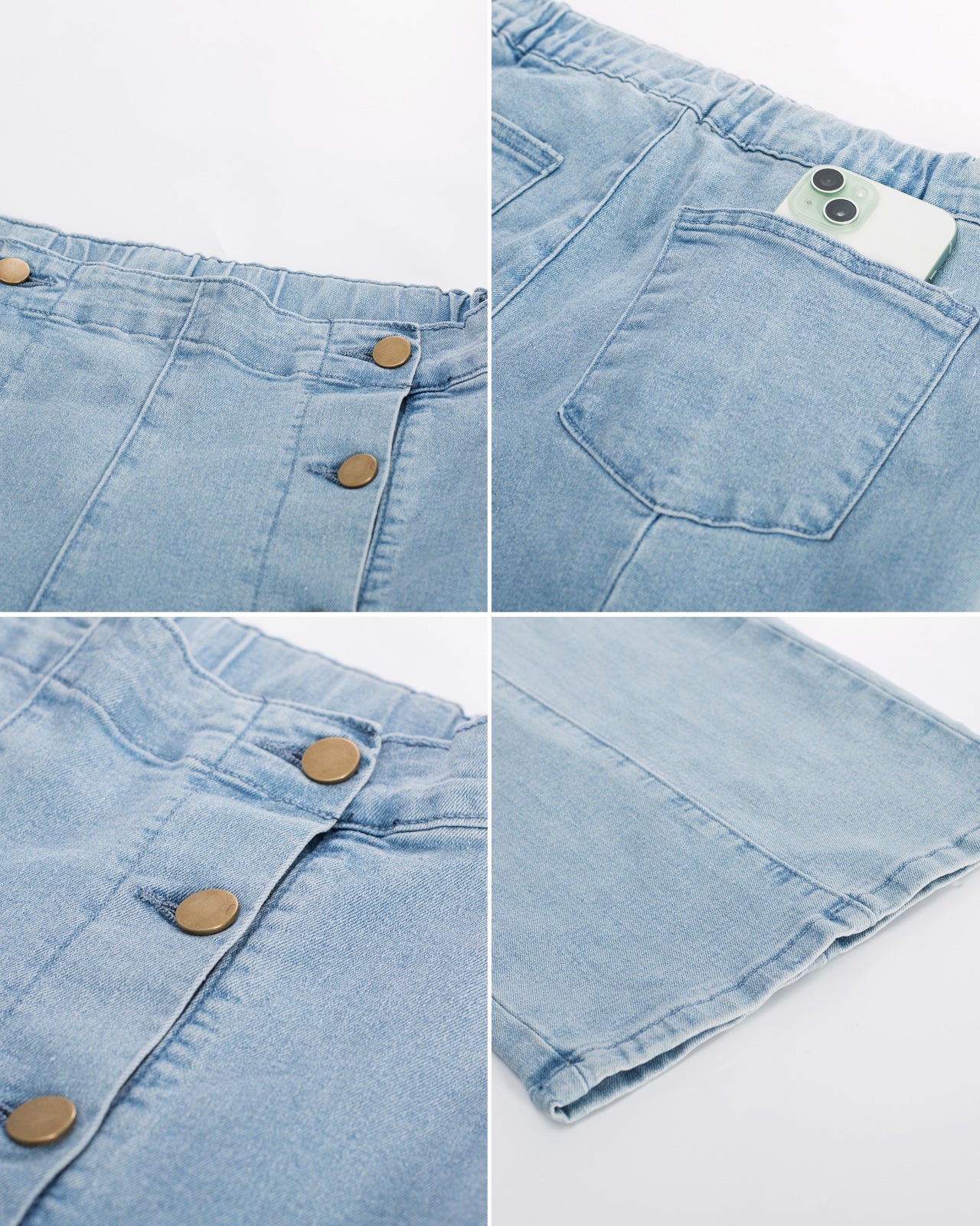 belle poque Wide Leg Jeans Button Decorated Casual Stretchy Demin Pants with Pockets