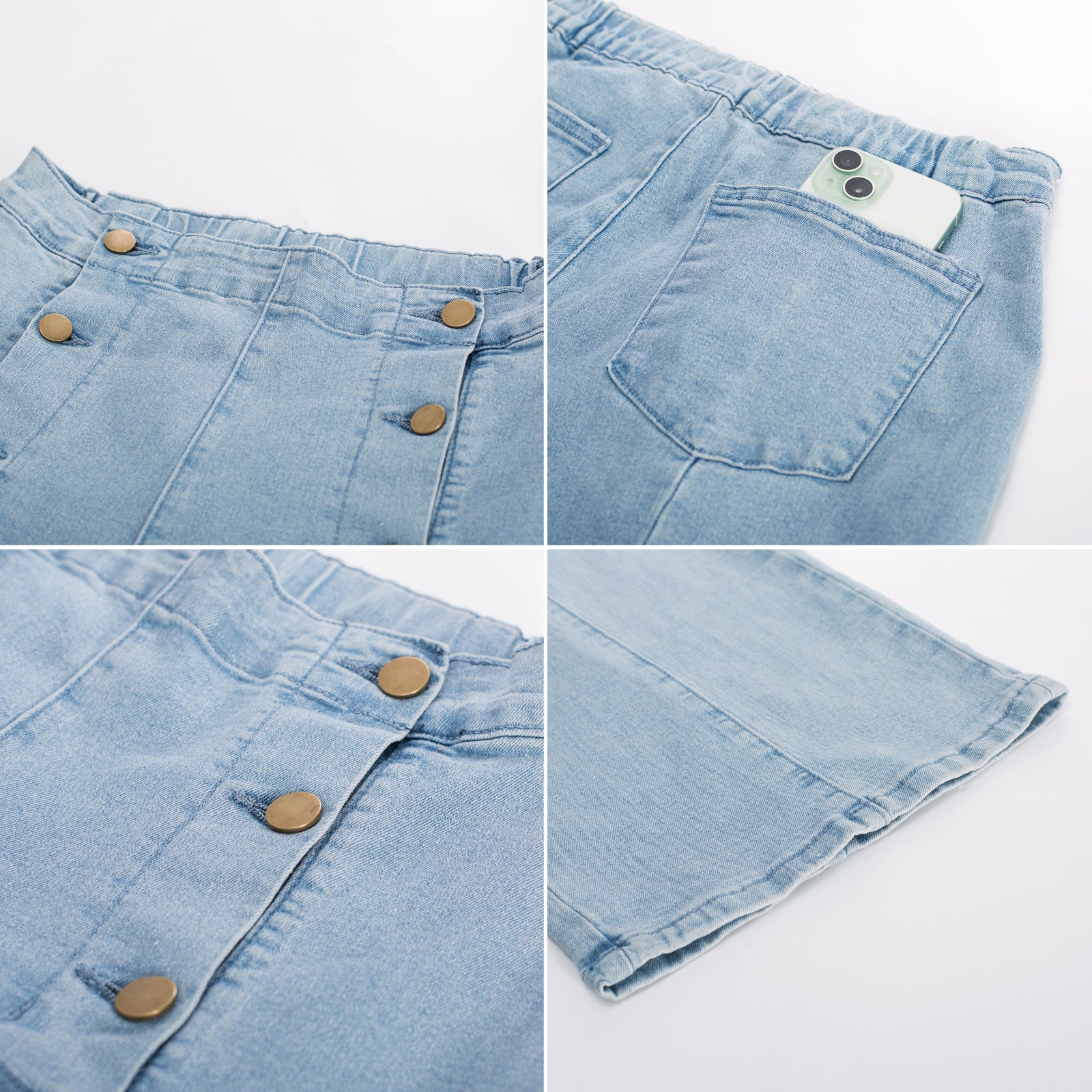 belle poque Wide Leg Jeans Button Decorated Casual Stretchy Demin Pants with Pockets