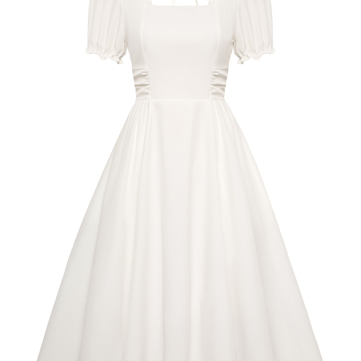 belle poque Vintage Daisy Flower Print Cottagecore Cocktail Dresses Square Neck Puff Sleeve Dress with Pockets White