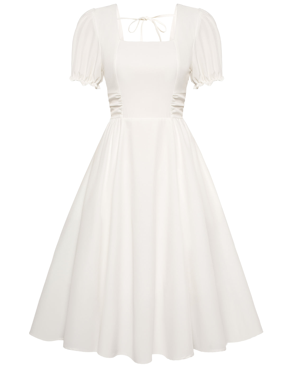 belle poque Vintage Daisy Flower Print Cottagecore Cocktail Dresses Square Neck Puff Sleeve Dress with Pockets White
