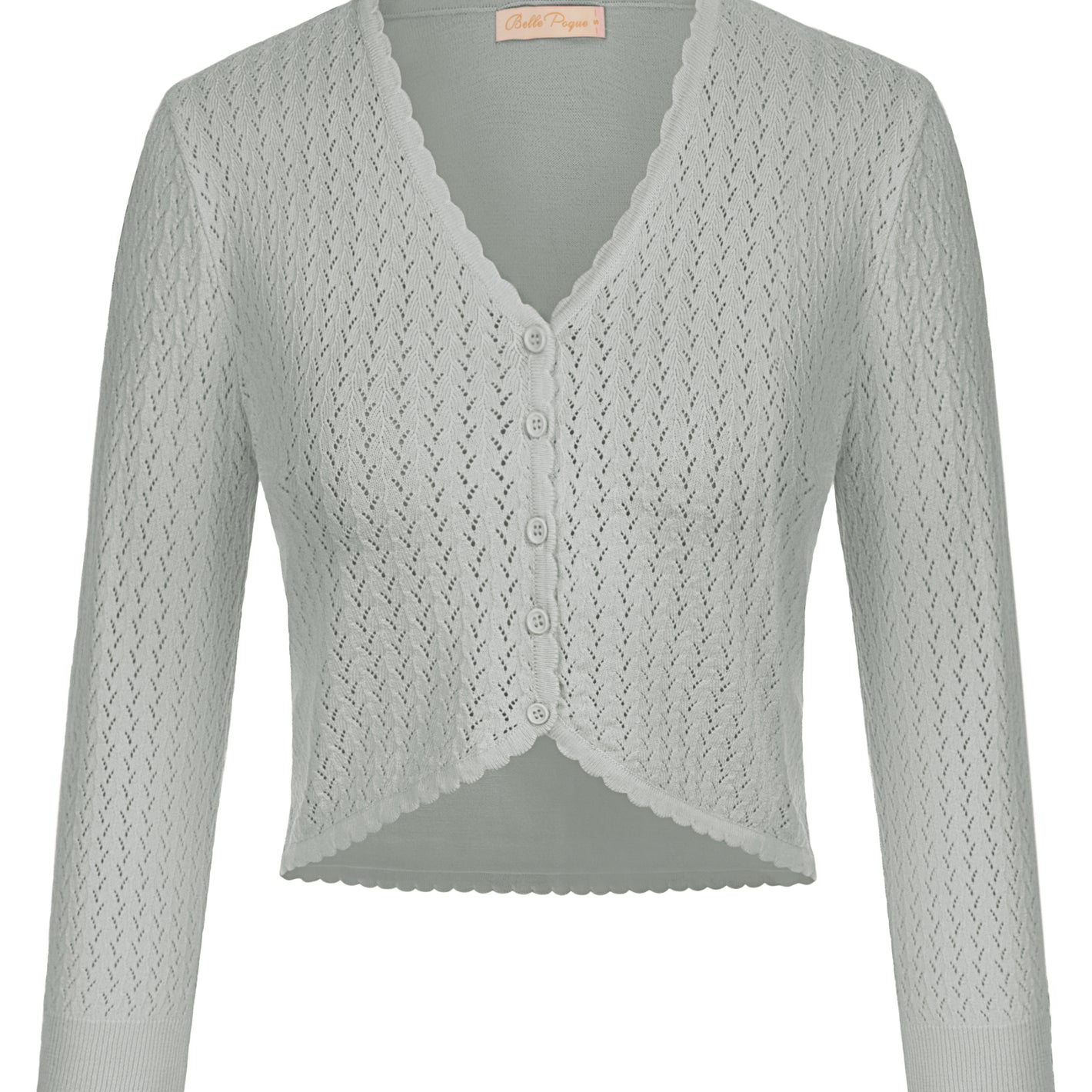 belle poque Hollowed-Out Cardigan 3/4 Sleeve V-Neck Button-up Cropped Knitwear Gray