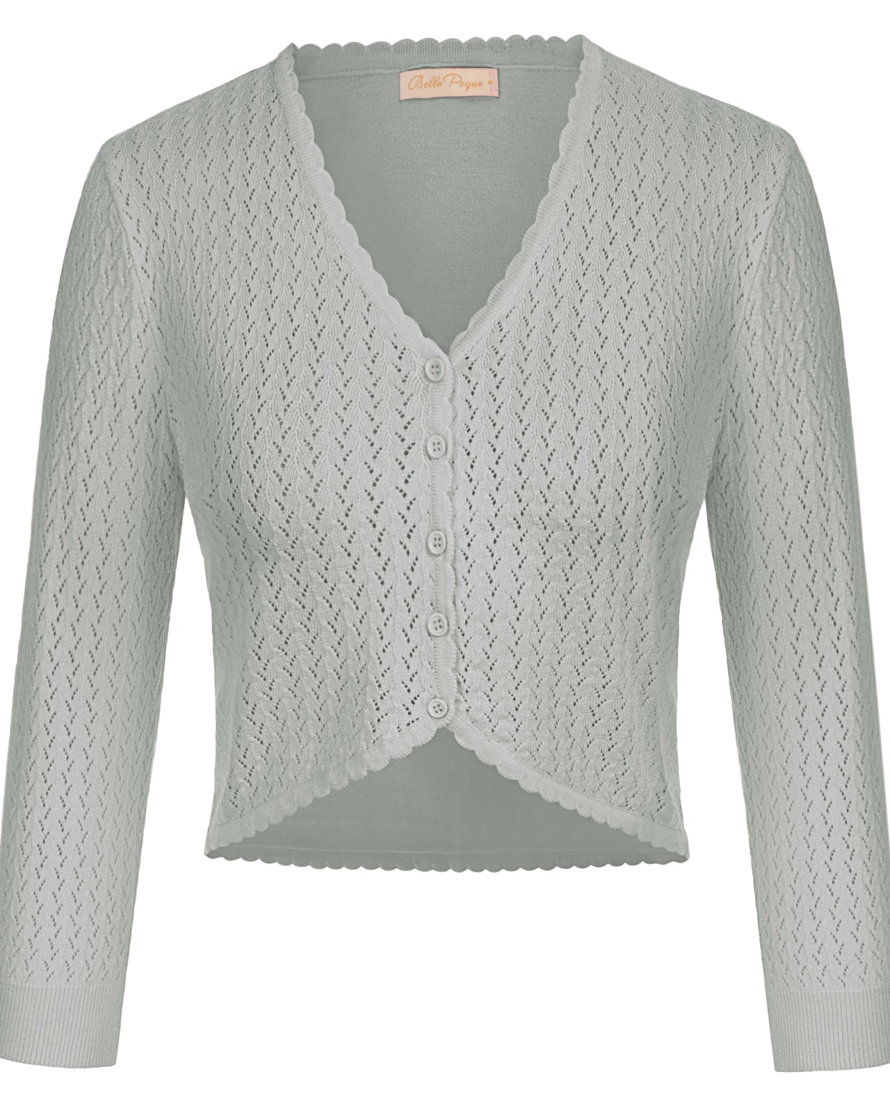 belle poque Hollowed-Out Cardigan 3/4 Sleeve V-Neck Button-up Cropped Knitwear Gray