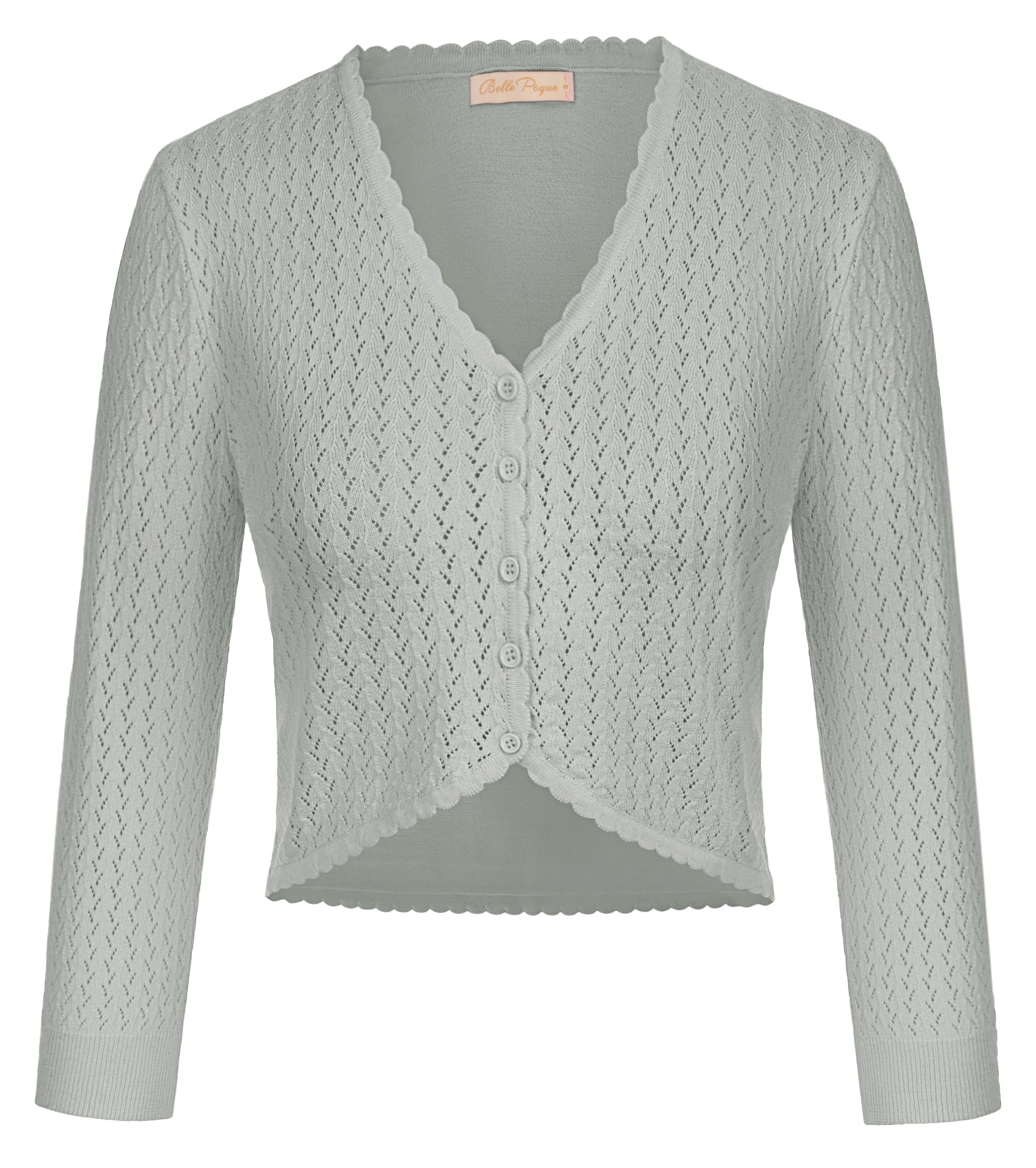 belle poque Hollowed-Out Cardigan 3/4 Sleeve V-Neck Button-up Cropped Knitwear Gray
