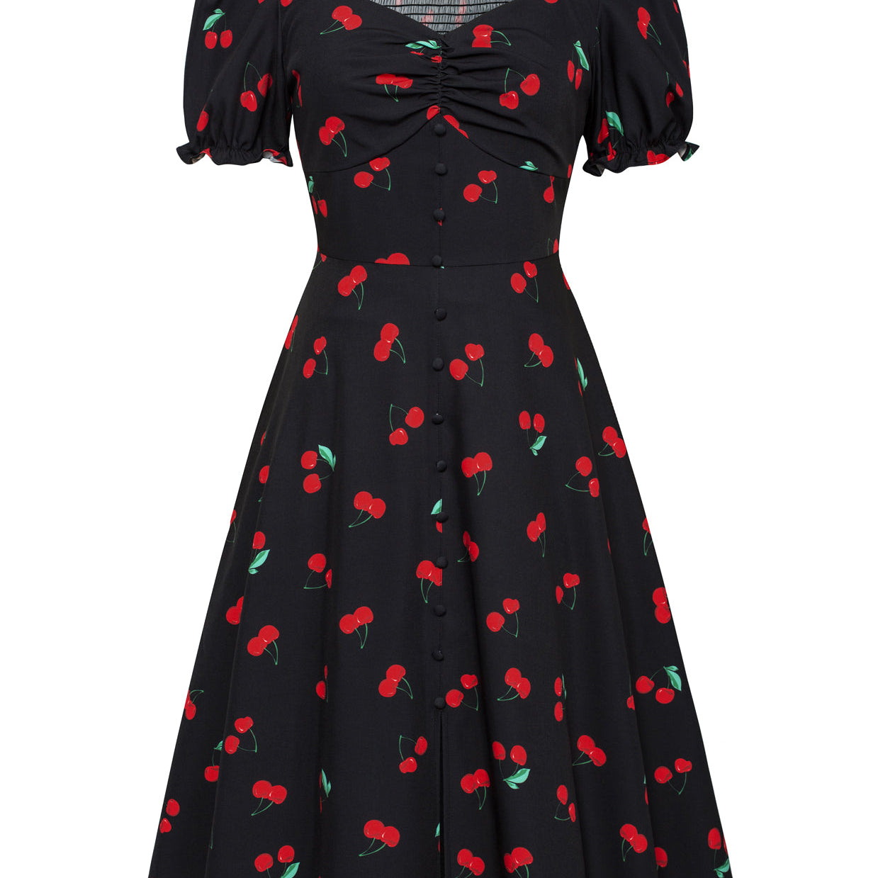 belle poque Vintage Strawberry Patterns Front Slit Dress Puffed Short Sleeve Sweetheart Neck Dress Cherry