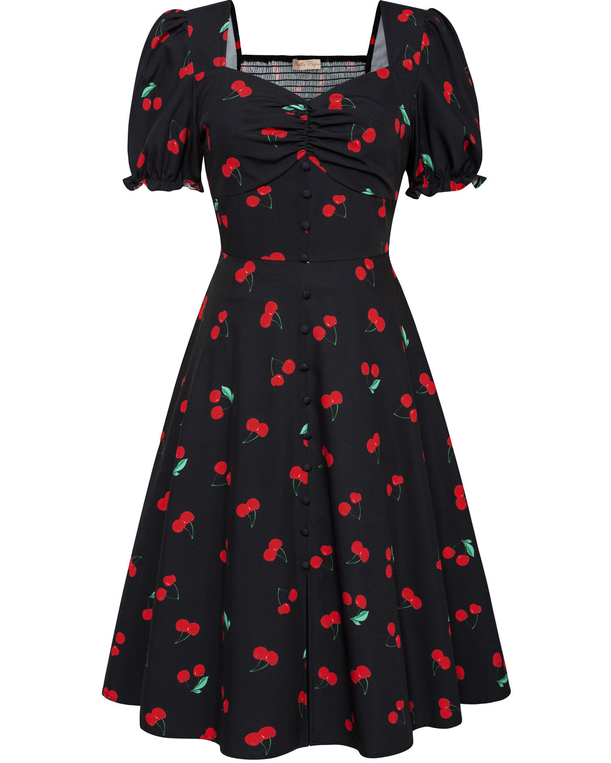 belle poque Vintage Strawberry Patterns Front Slit Dress Puffed Short Sleeve Sweetheart Neck Dress Cherry