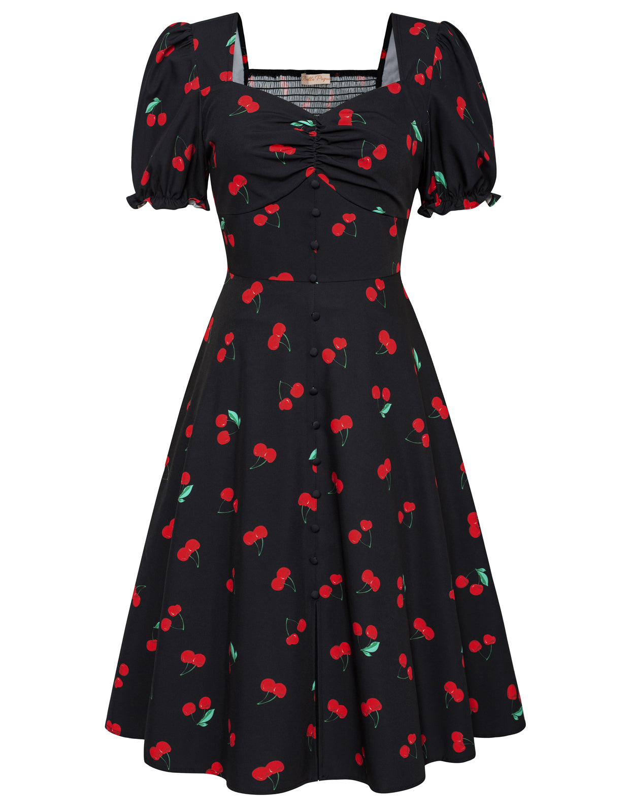 belle poque Vintage Strawberry Patterns Front Slit Dress Puffed Short Sleeve Sweetheart Neck Dress Cherry