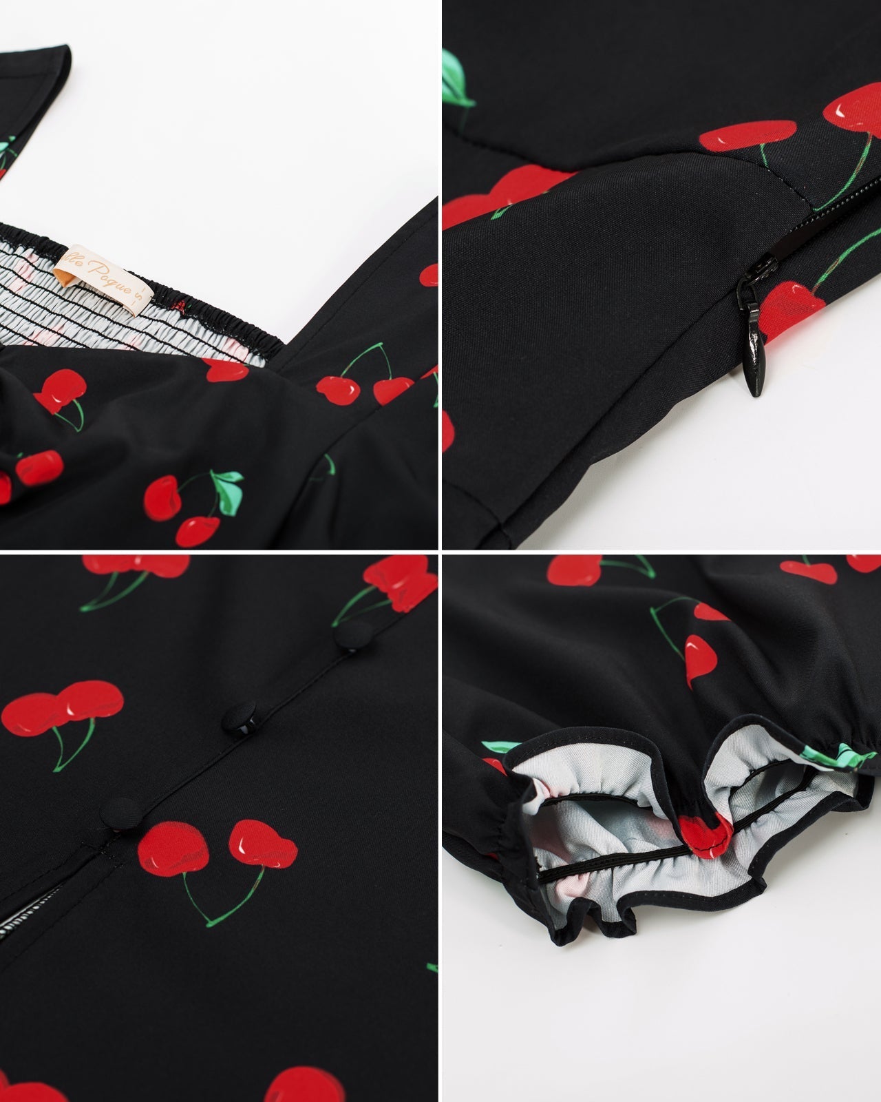 belle poque Vintage Strawberry Patterns Front Slit Dress Puffed Short Sleeve Sweetheart Neck Dress