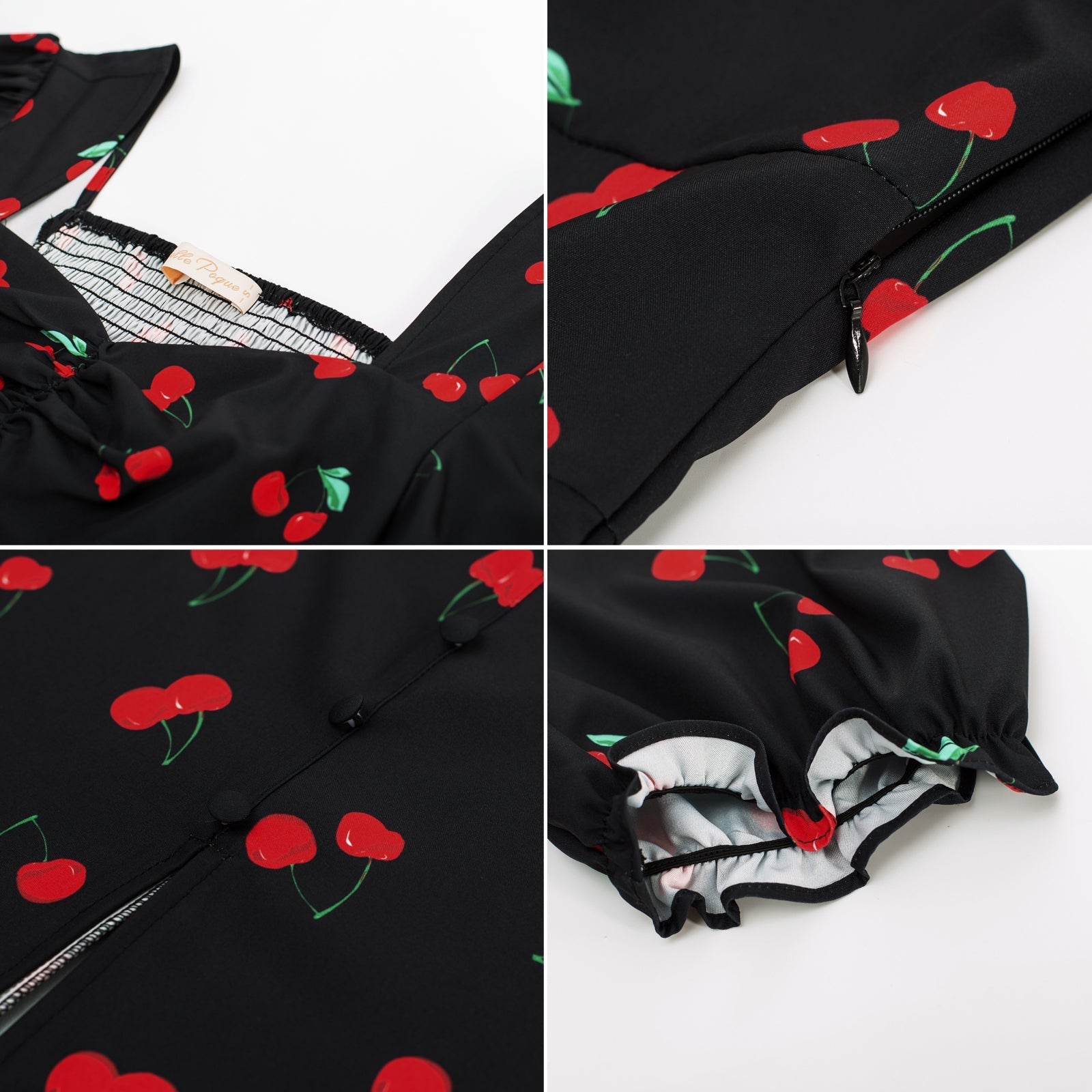 belle poque Vintage Strawberry Patterns Front Slit Dress Puffed Short Sleeve Sweetheart Neck Dress