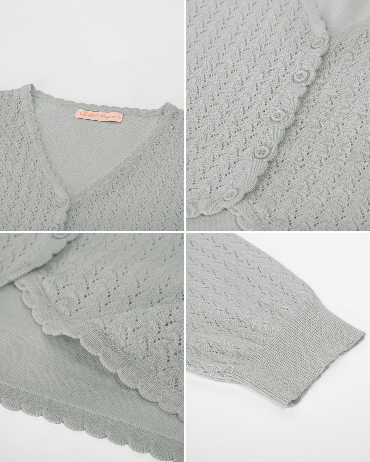 belle poque Hollowed-Out Cardigan 3/4 Sleeve V-Neck Button-up Cropped Knitwear