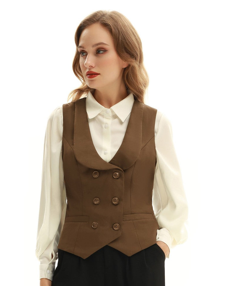 belle poque Double Breasted Waistcoat Vintage Lapel Collar Vest Coat with 2 Pockets