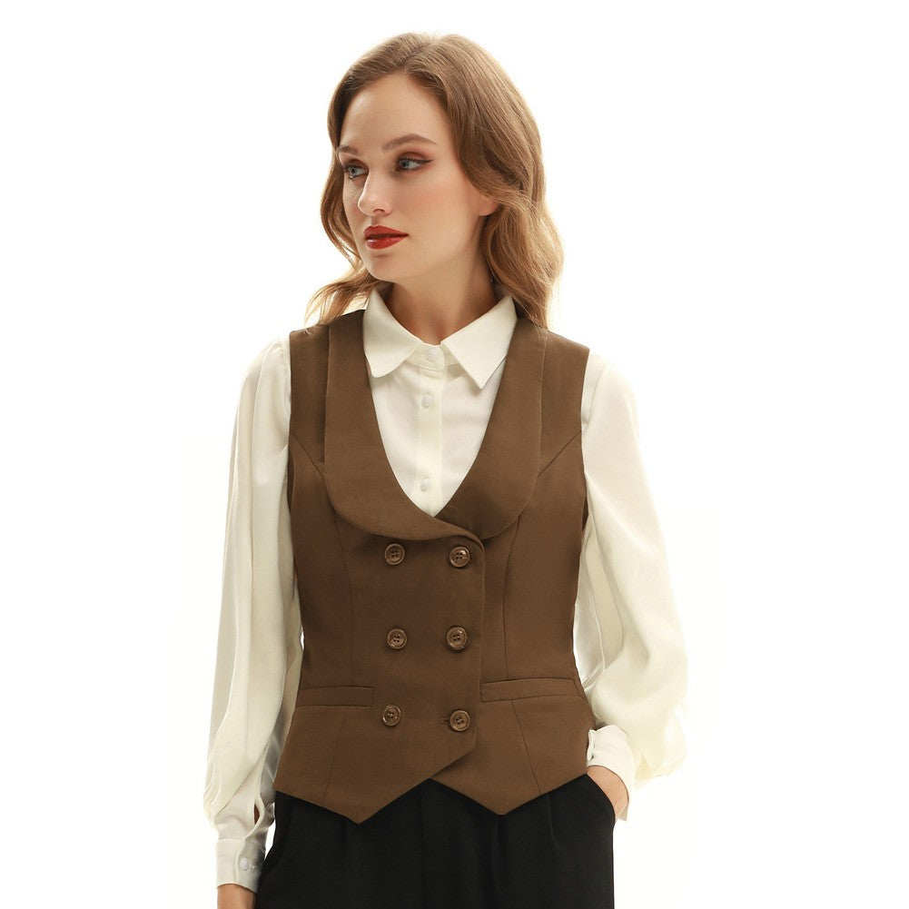 belle poque Double Breasted Waistcoat Vintage Lapel Collar Vest Coat with 2 Pockets