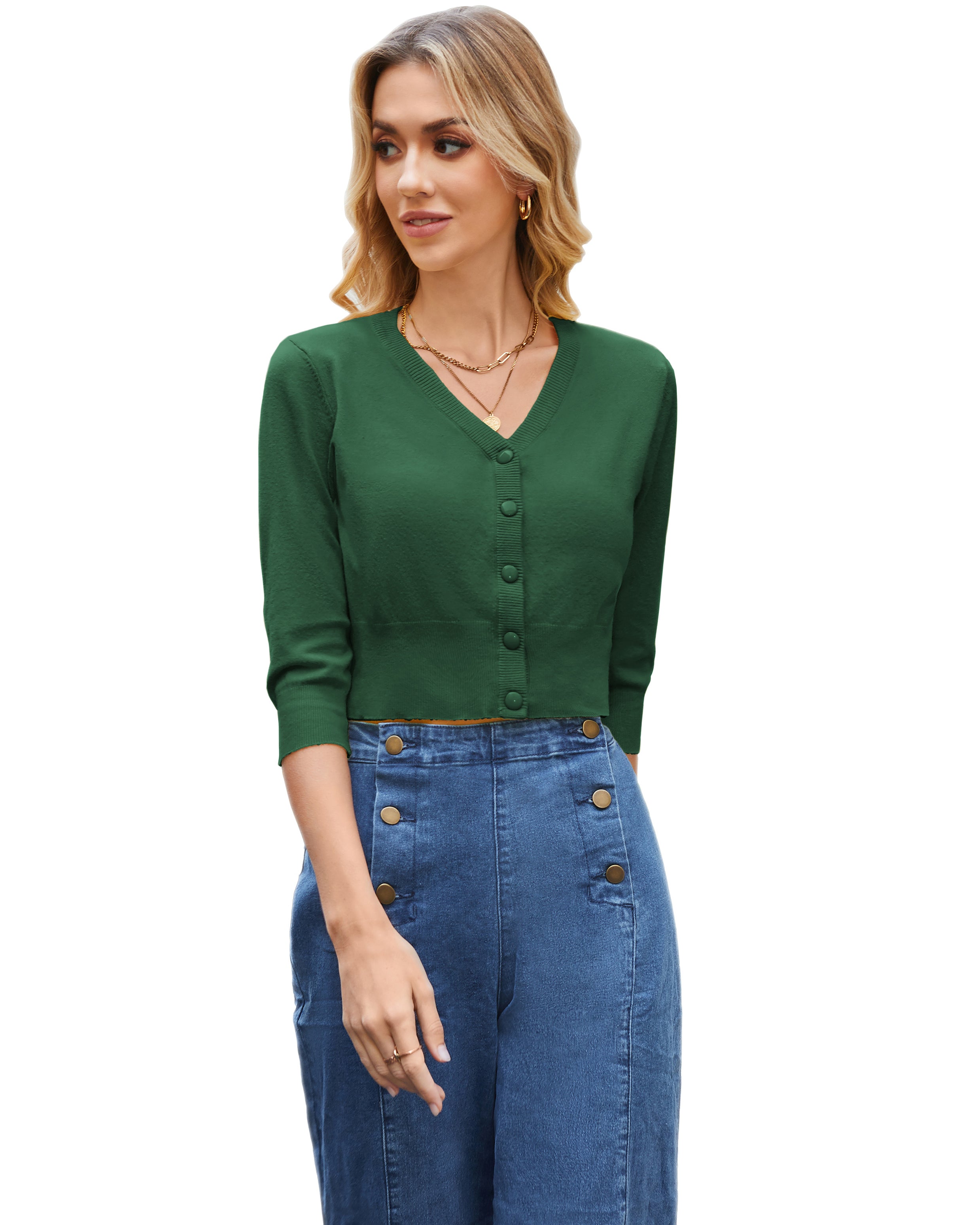 belle poque 3/4 Sleeve V-Neck Button Down Cherries Embroidery Cropped Cardigan Sweater Coat