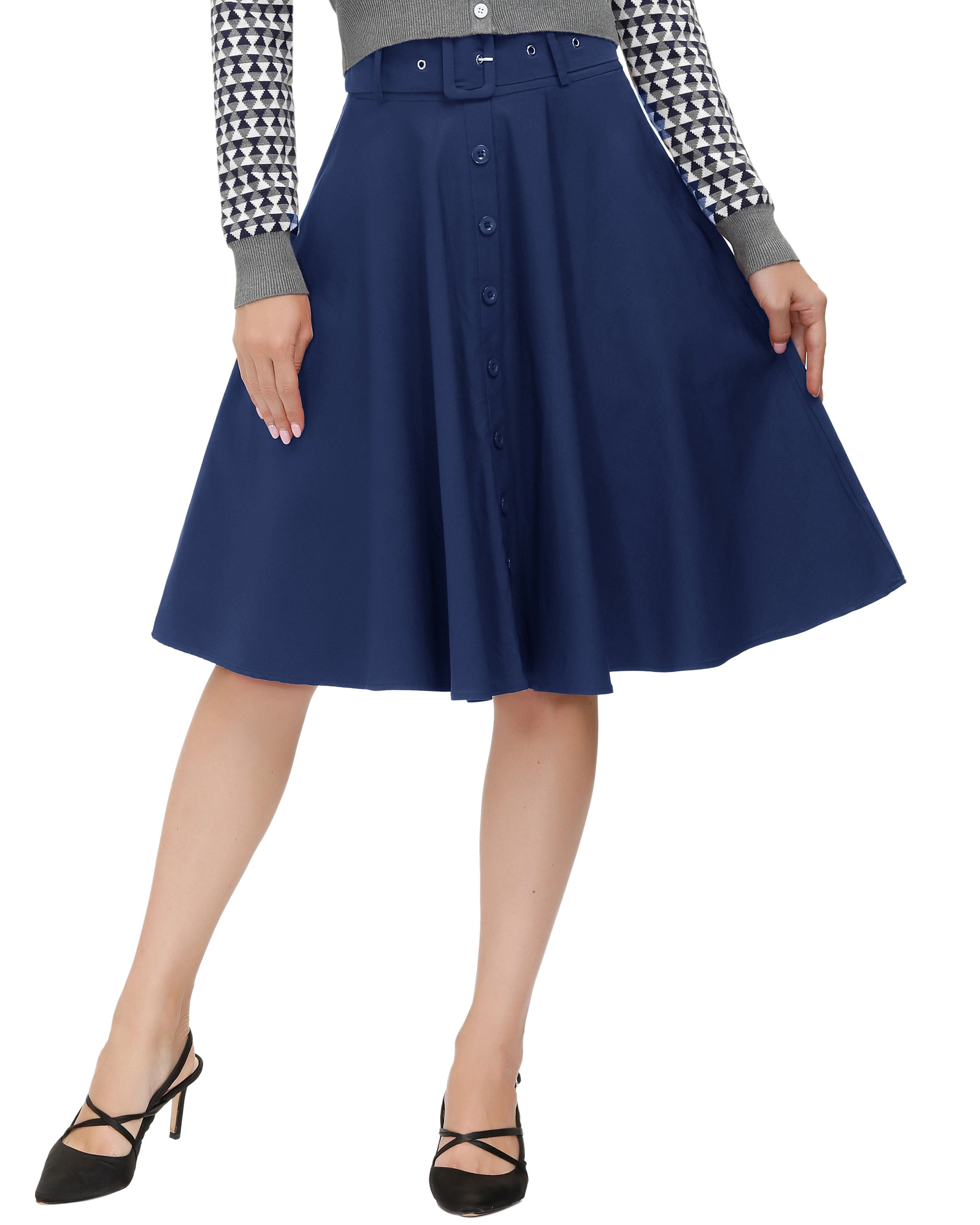 belle poque Vintage Stretch High Waist A-Line Flared Midi Skirts with Pockets & Belts