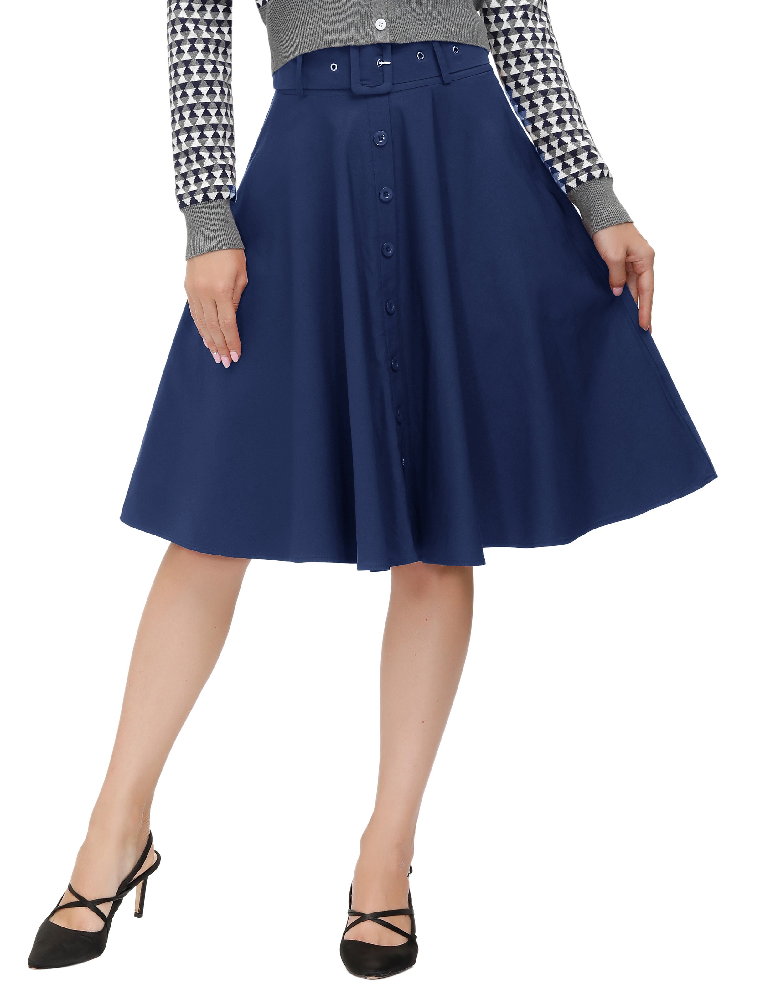 belle poque Vintage Stretch High Waist A-Line Flared Midi Skirts with Pockets & Belts