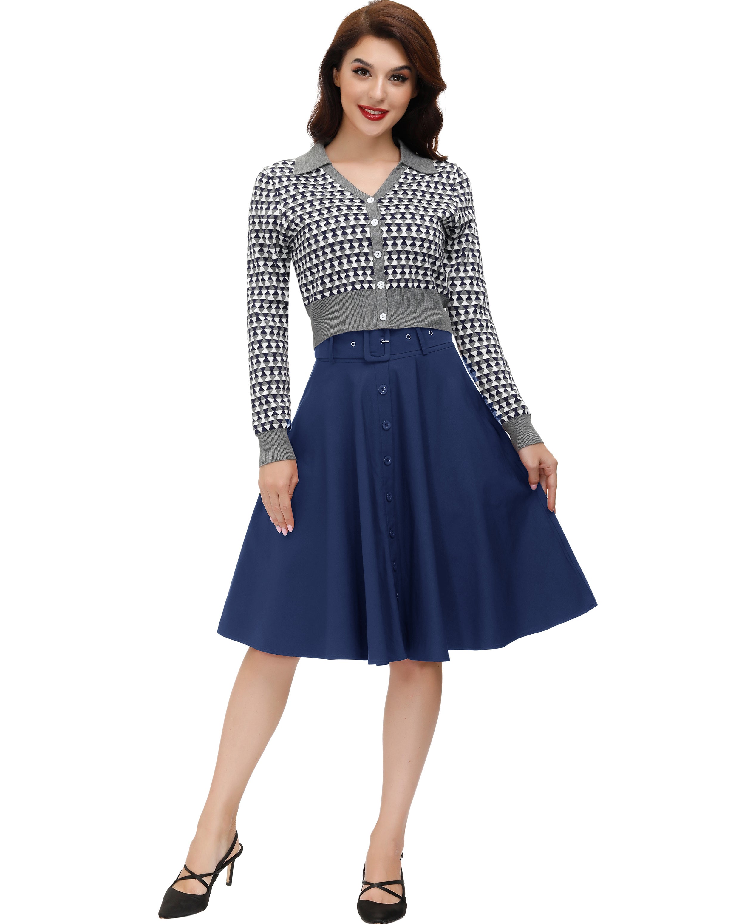 belle poque Vintage Stretch High Waist A-Line Flared Midi Skirts with Pockets & Belts