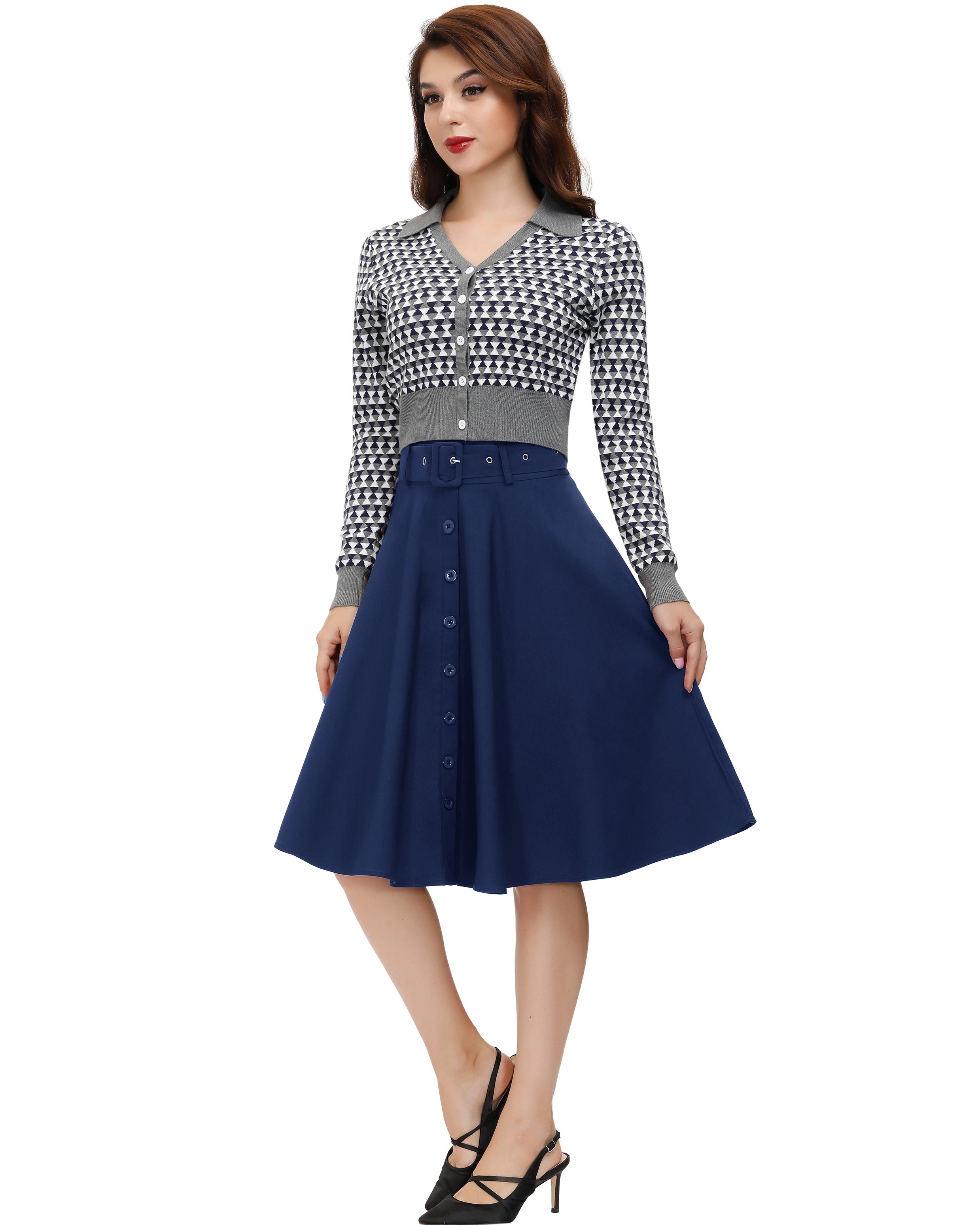 belle poque Vintage Stretch High Waist A-Line Flared Midi Skirts with Pockets & Belts