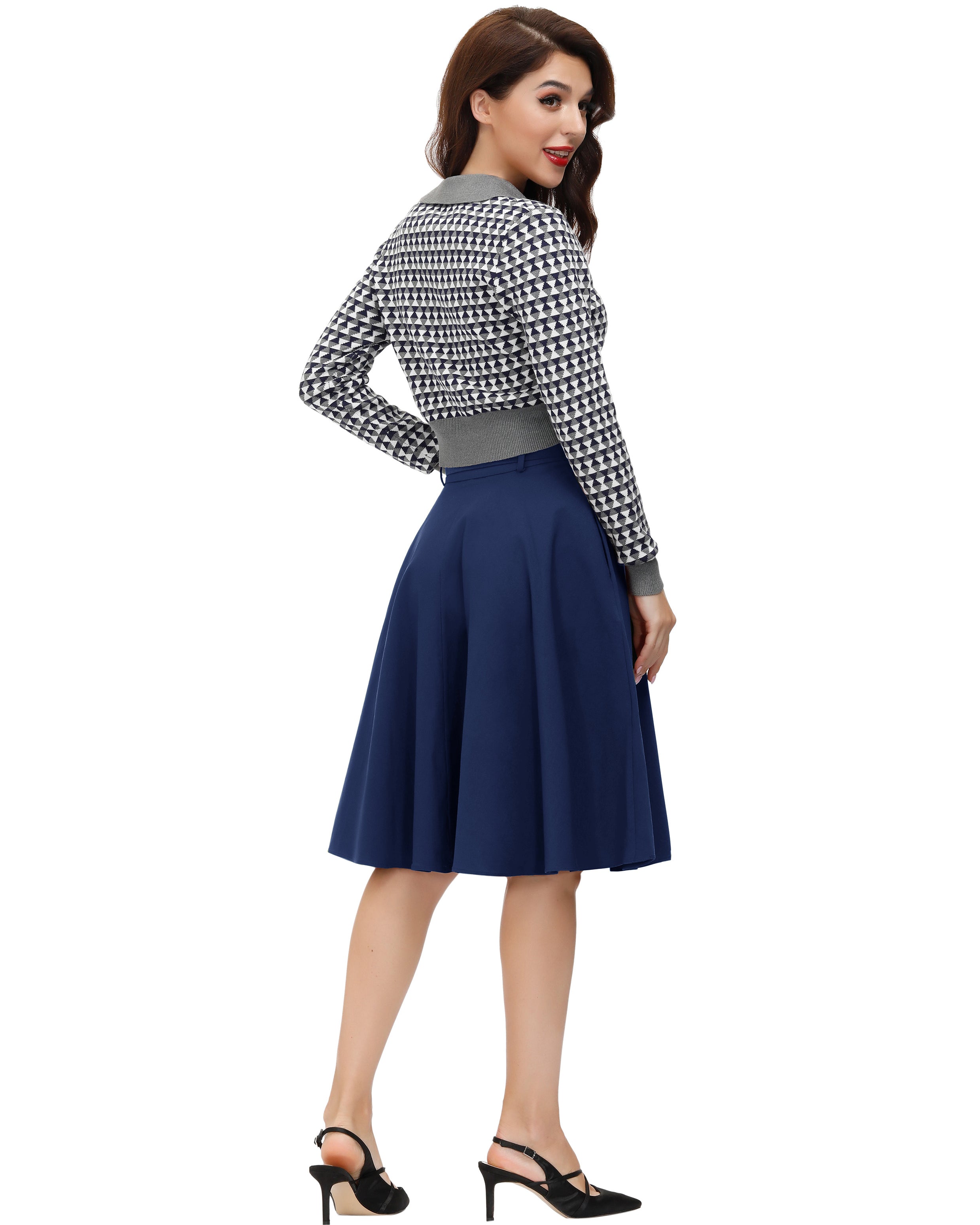 belle poque Vintage Stretch High Waist A-Line Flared Midi Skirts with Pockets & Belts