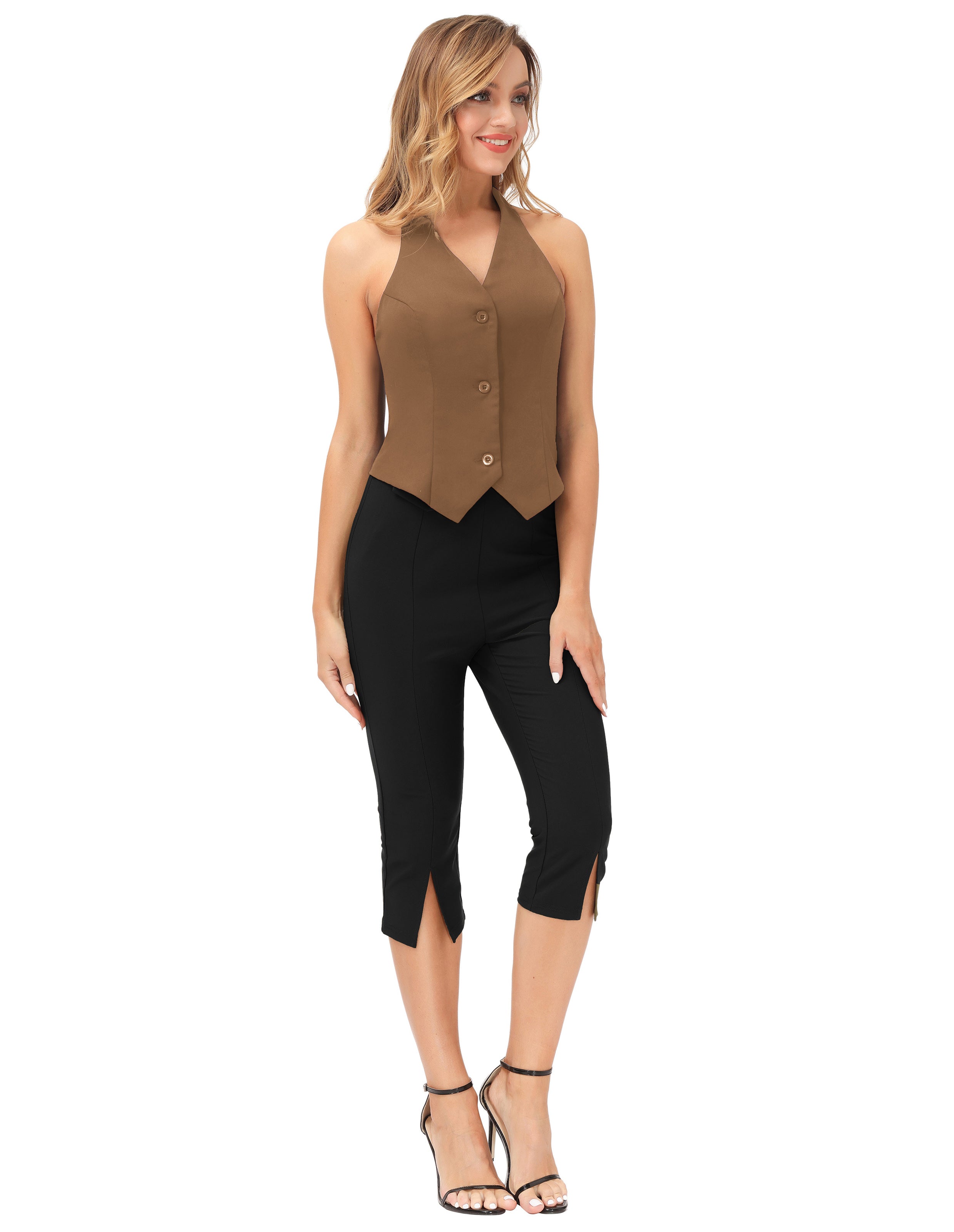 belle poque Seckill Offer⌛Solid Color Halter V-Neck Single Breasted Handkerchief Vest