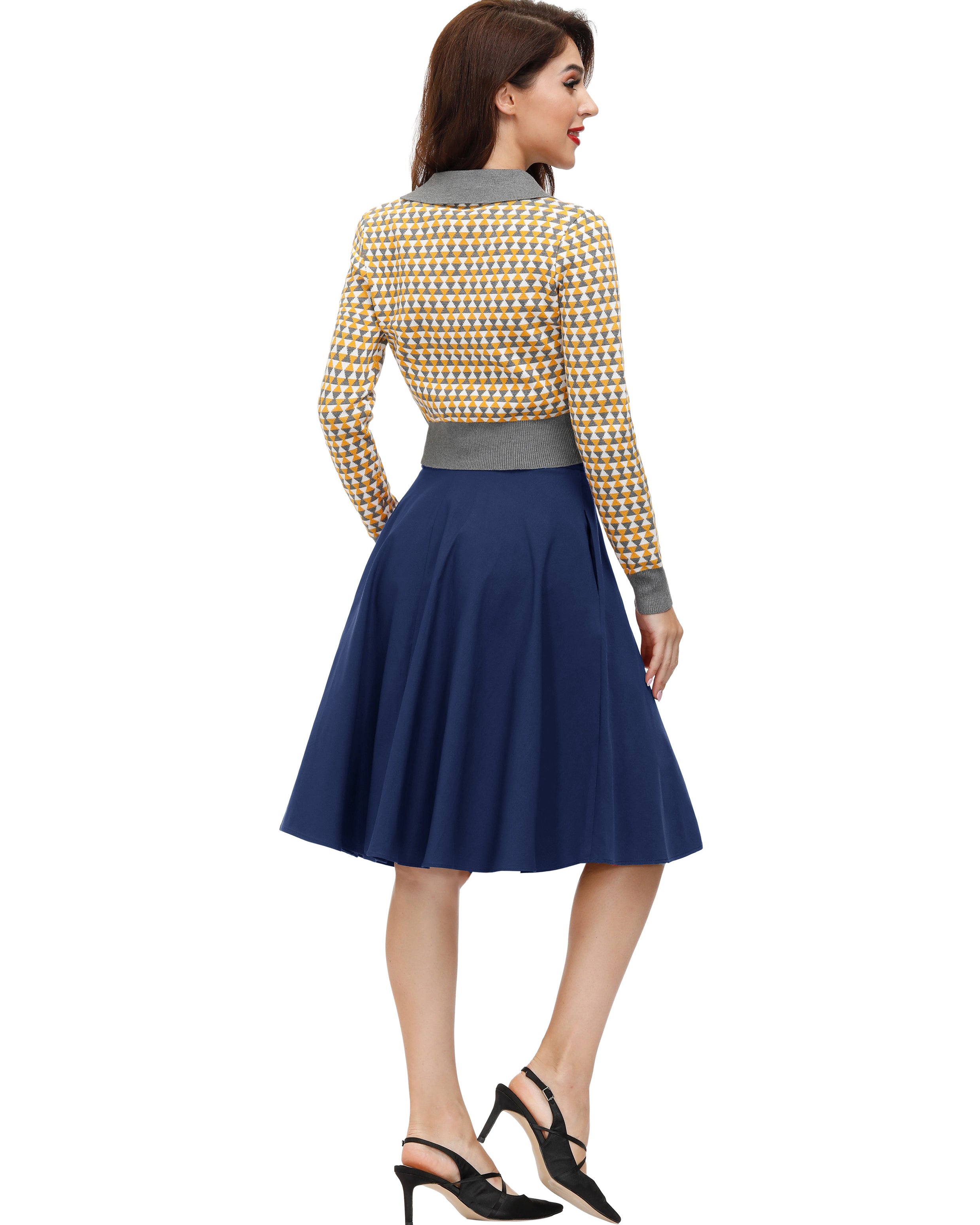 belle poque Vintage Stretch High Waist A-Line Flared Midi Skirts with Pockets & Belts