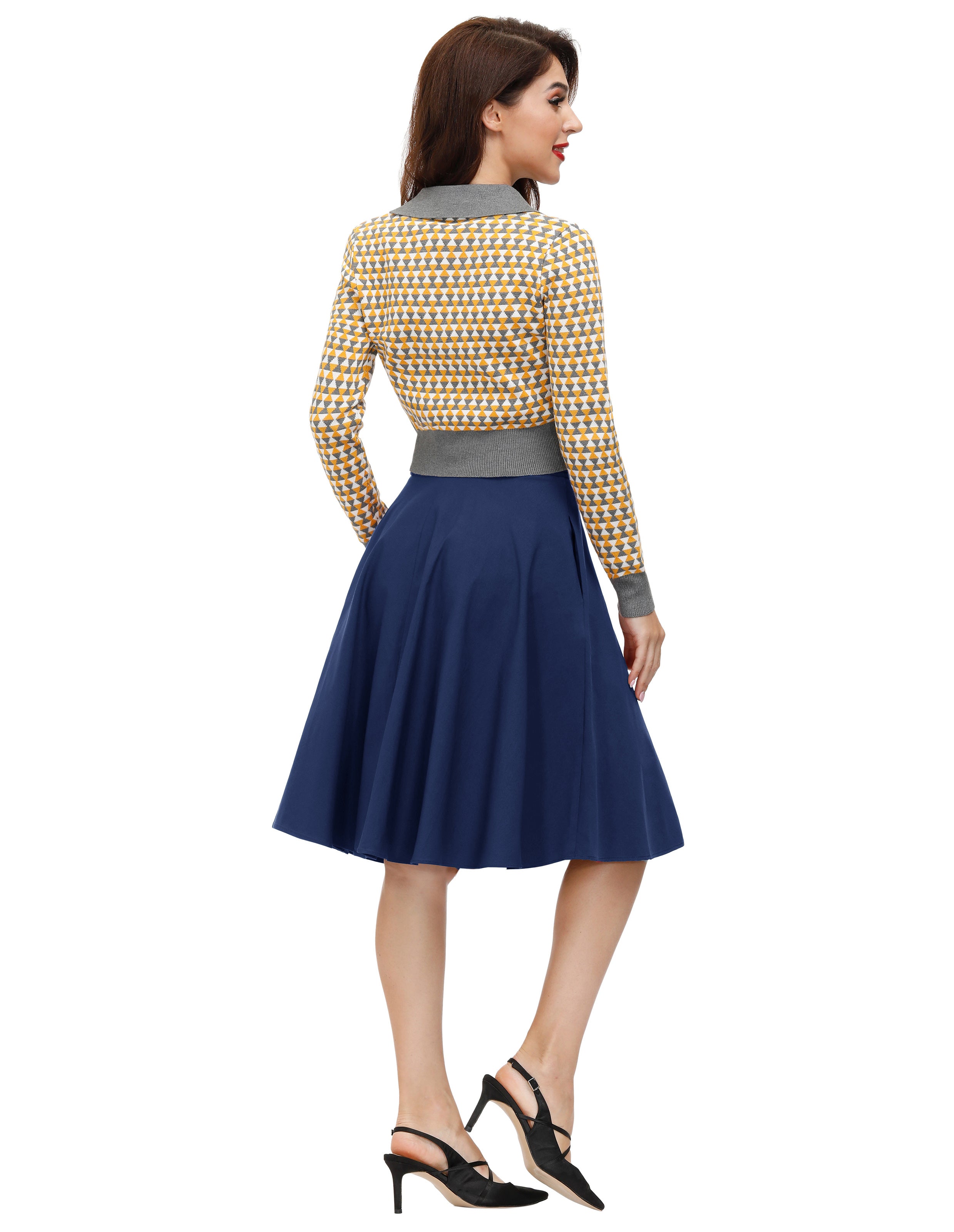 belle poque Vintage Stretch High Waist A-Line Flared Midi Skirts with Pockets & Belts
