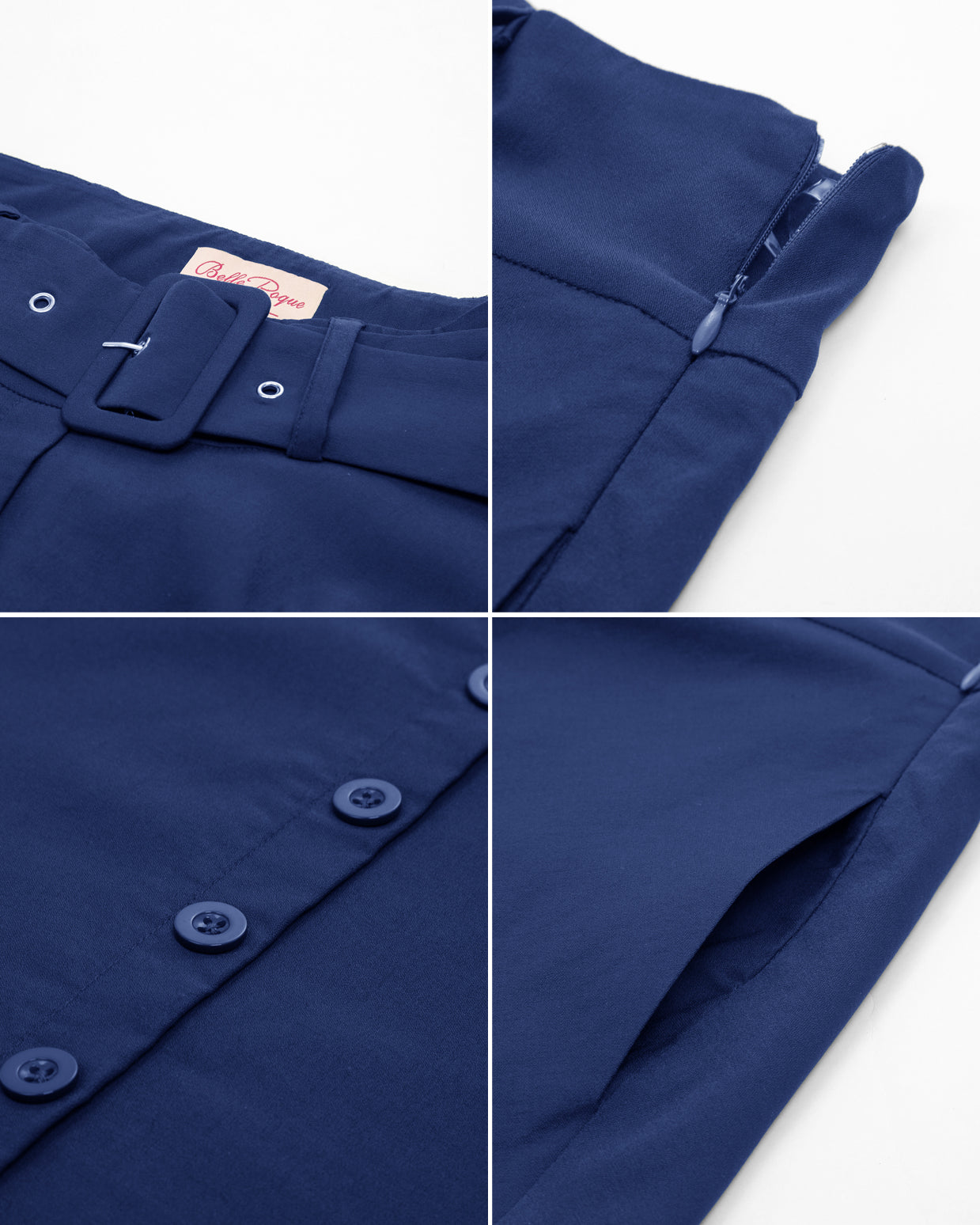 belle poque Vintage Stretch High Waist A-Line Flared Midi Skirts with Pockets & Belts