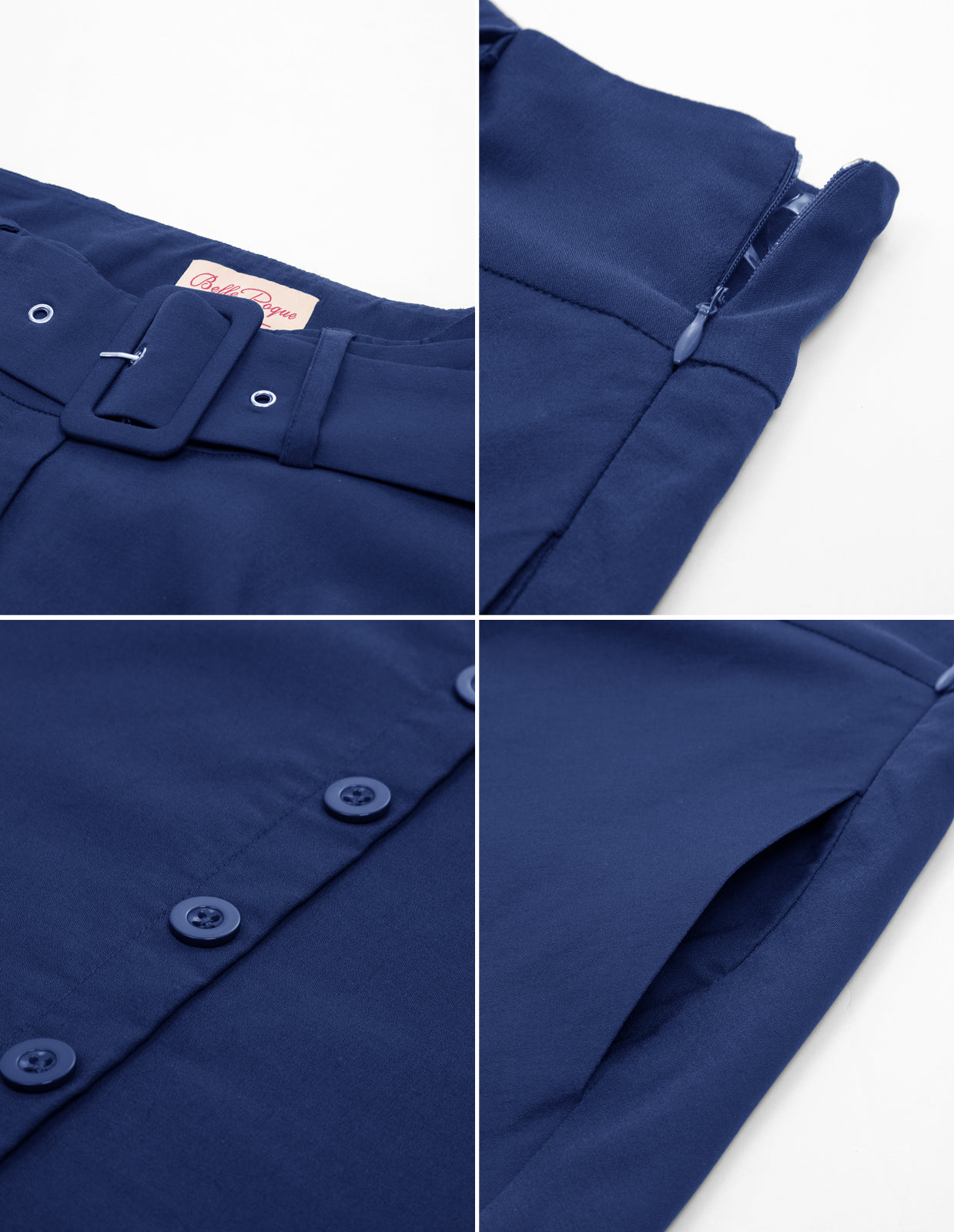 belle poque Vintage Stretch High Waist A-Line Flared Midi Skirts with Pockets & Belts