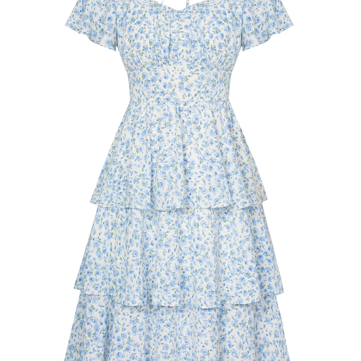 belle poque Floral Print Tiered Ruffle Dress 2026 Summer Vintage A-line Swing Midi Dress Blue