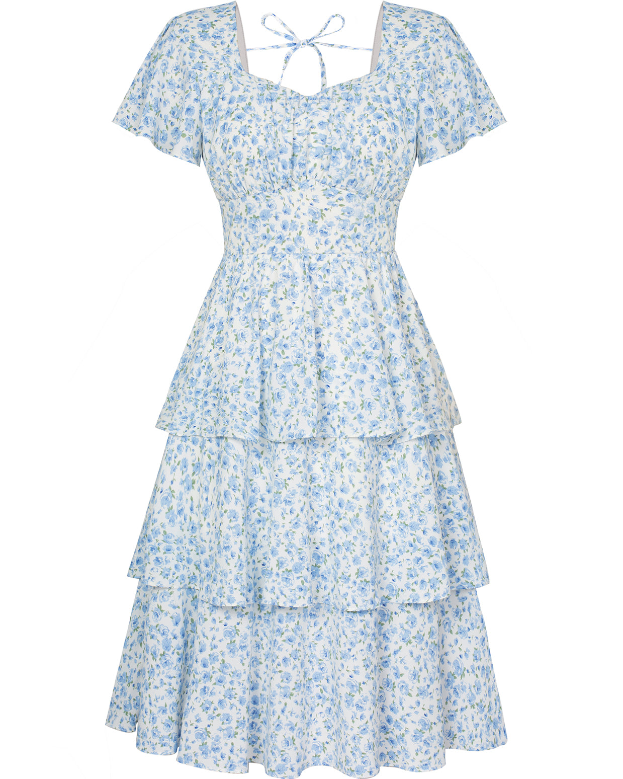 belle poque Floral Print Tiered Ruffle Dress 2026 Summer Vintage A-line Swing Midi Dress Blue