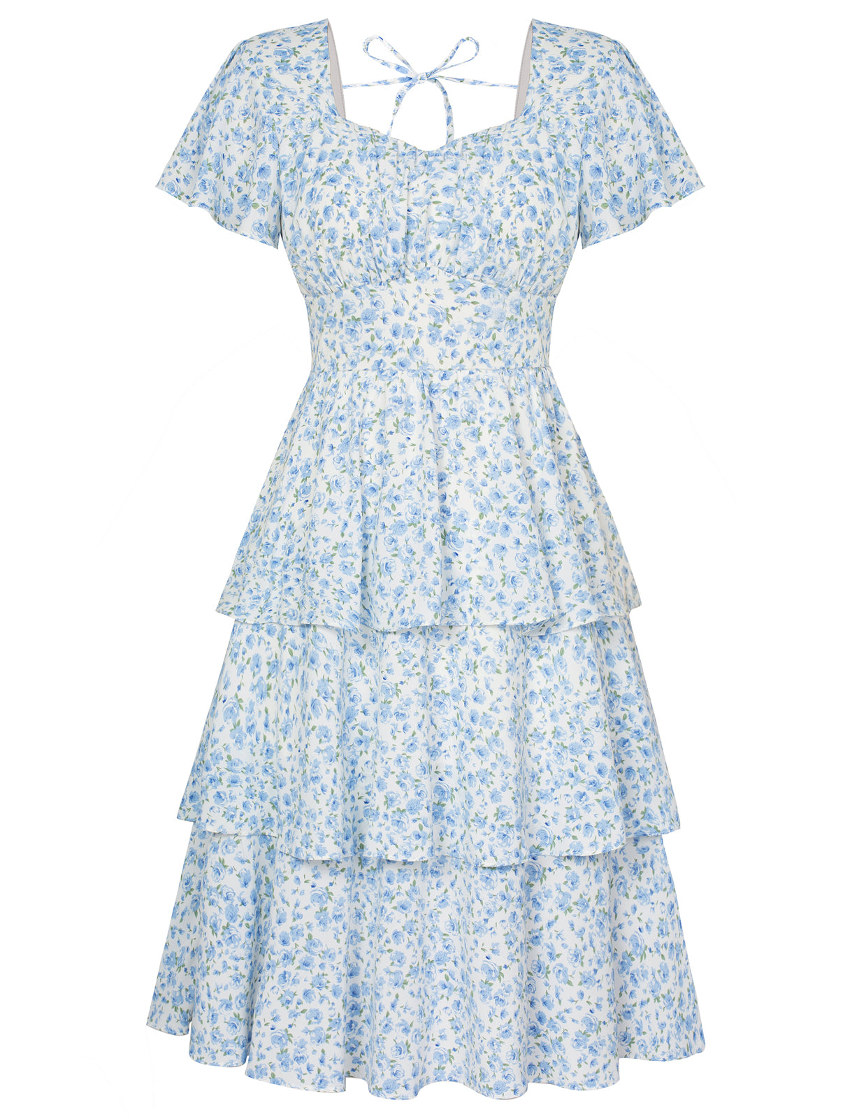 belle poque Floral Print Square Neck Tiered Ruffle Dress 2023 Summer Vintage A-line Swing Midi Dress Blue