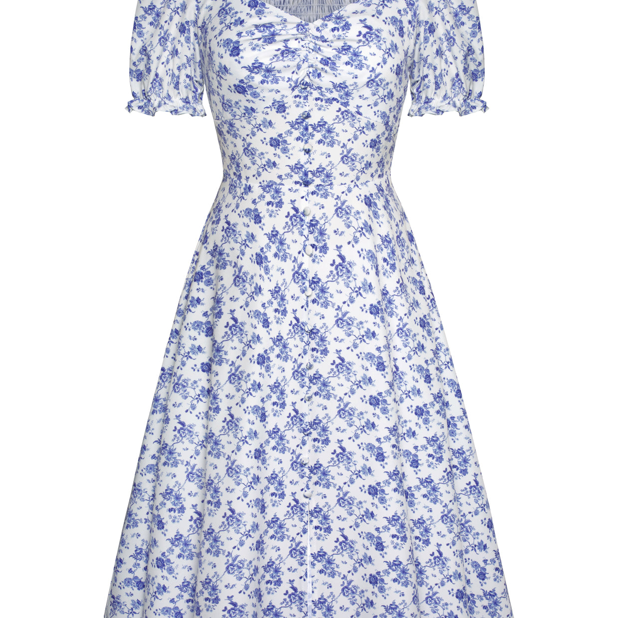 belle poque Vintage Strawberry Patterns Front Slit Dress Puffed Short Sleeve Sweetheart Neck Dress Blue flower