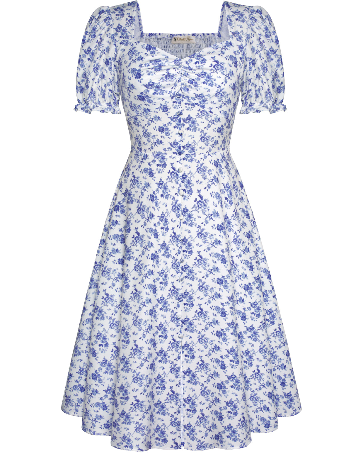 belle poque Vintage Strawberry Patterns Front Slit Dress Puffed Short Sleeve Sweetheart Neck Dress Blue flower