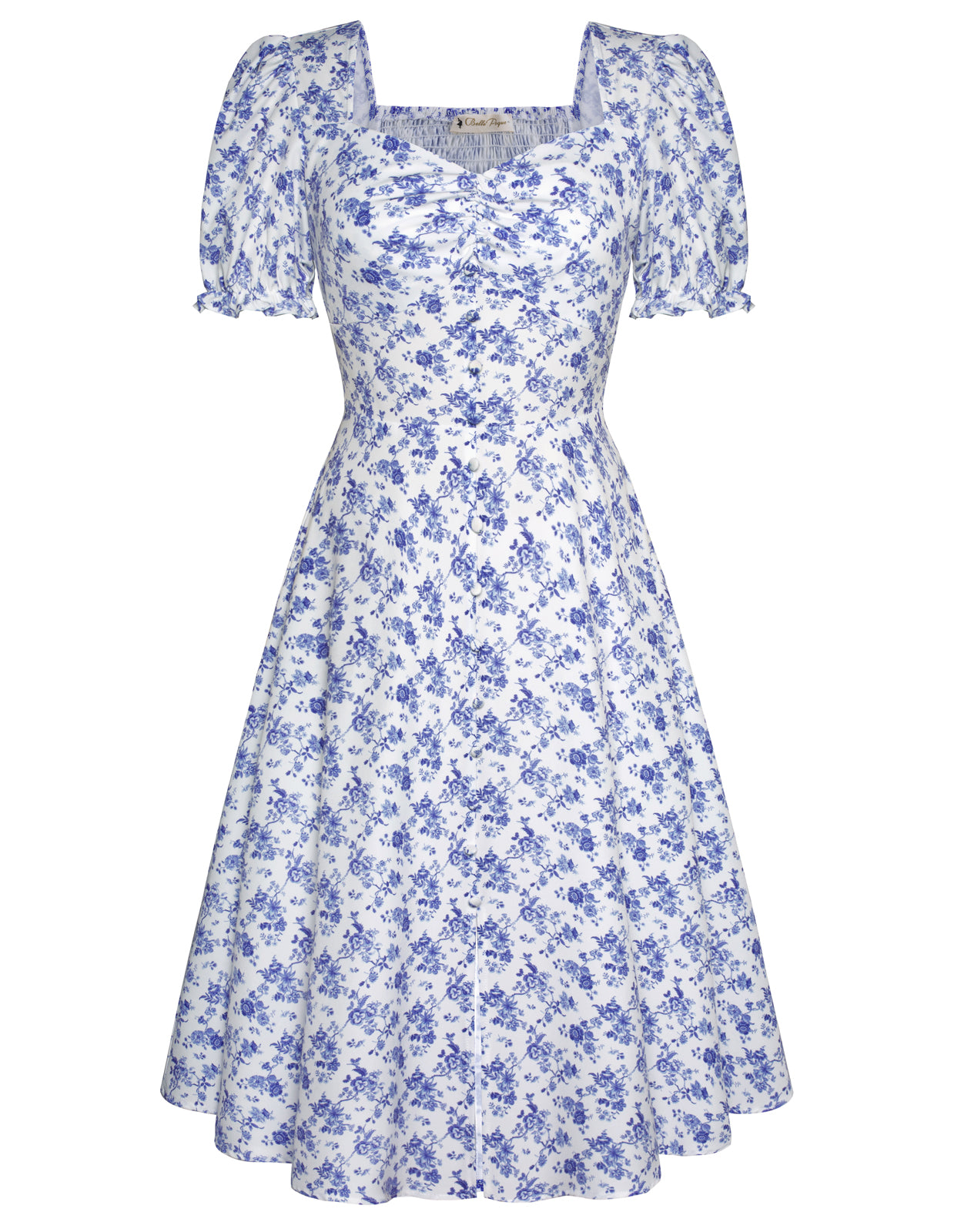 belle poque Vintage Strawberry Patterns Front Slit Dress Puffed Short Sleeve Sweetheart Neck Dress Blue flower