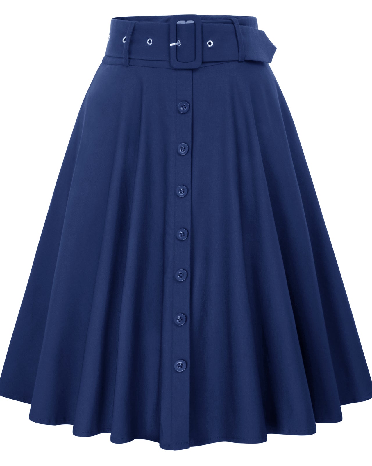 belle poque Vintage Stretch High Waist A-Line Flared Midi Skirts with Pockets & Belts Blue