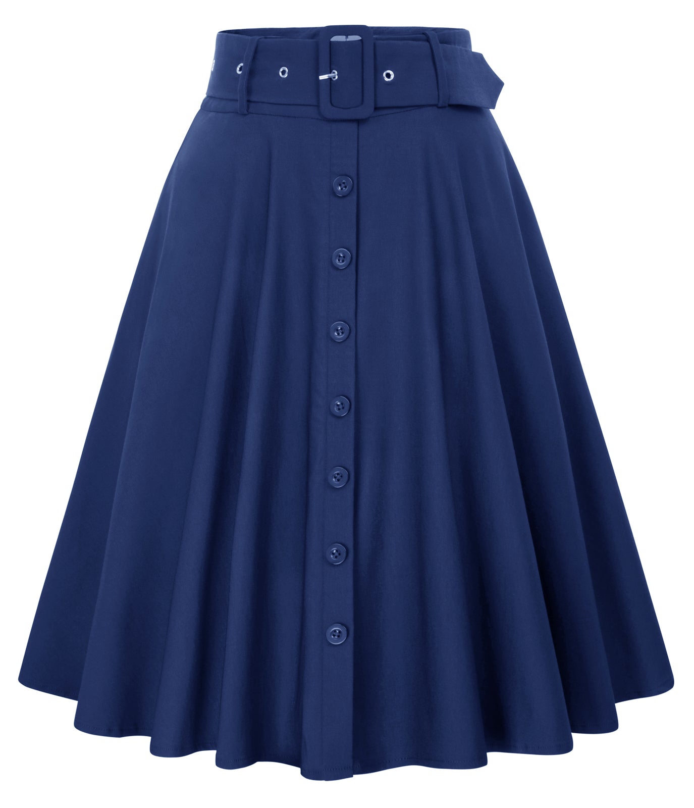 belle poque Vintage Stretch High Waist A-Line Flared Midi Skirts with Pockets & Belts Blue