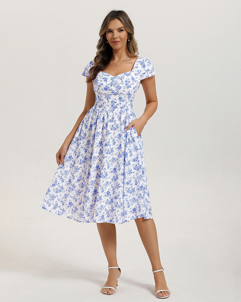 belle poque 1950s Women's Sweatheart Floral Dress Ruched Midi Garden Party Dress