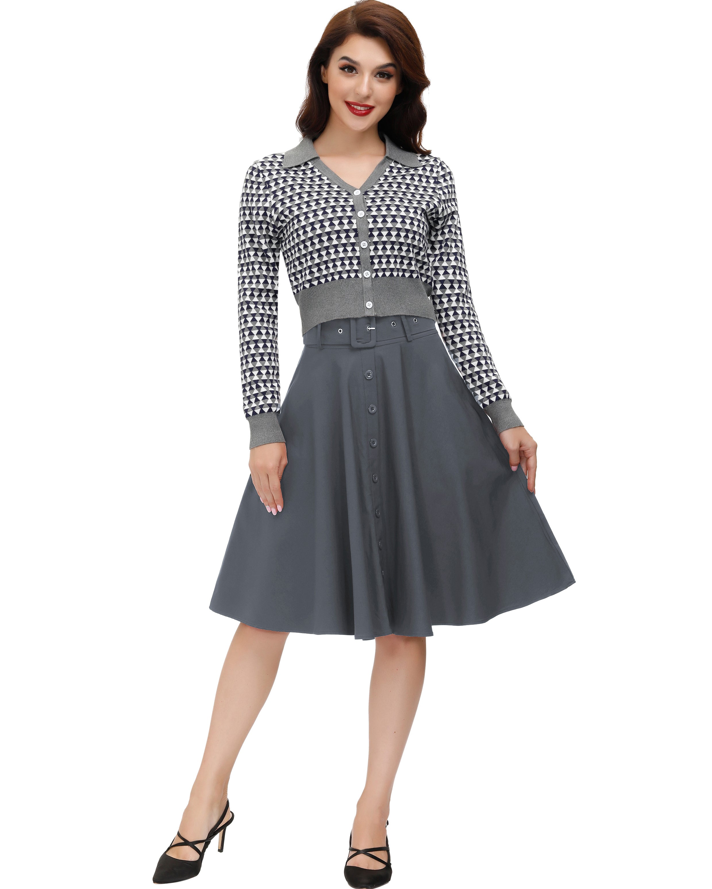 belle poque Vintage Stretch High Waist A-Line Flared Midi Skirts with Pockets & Belts