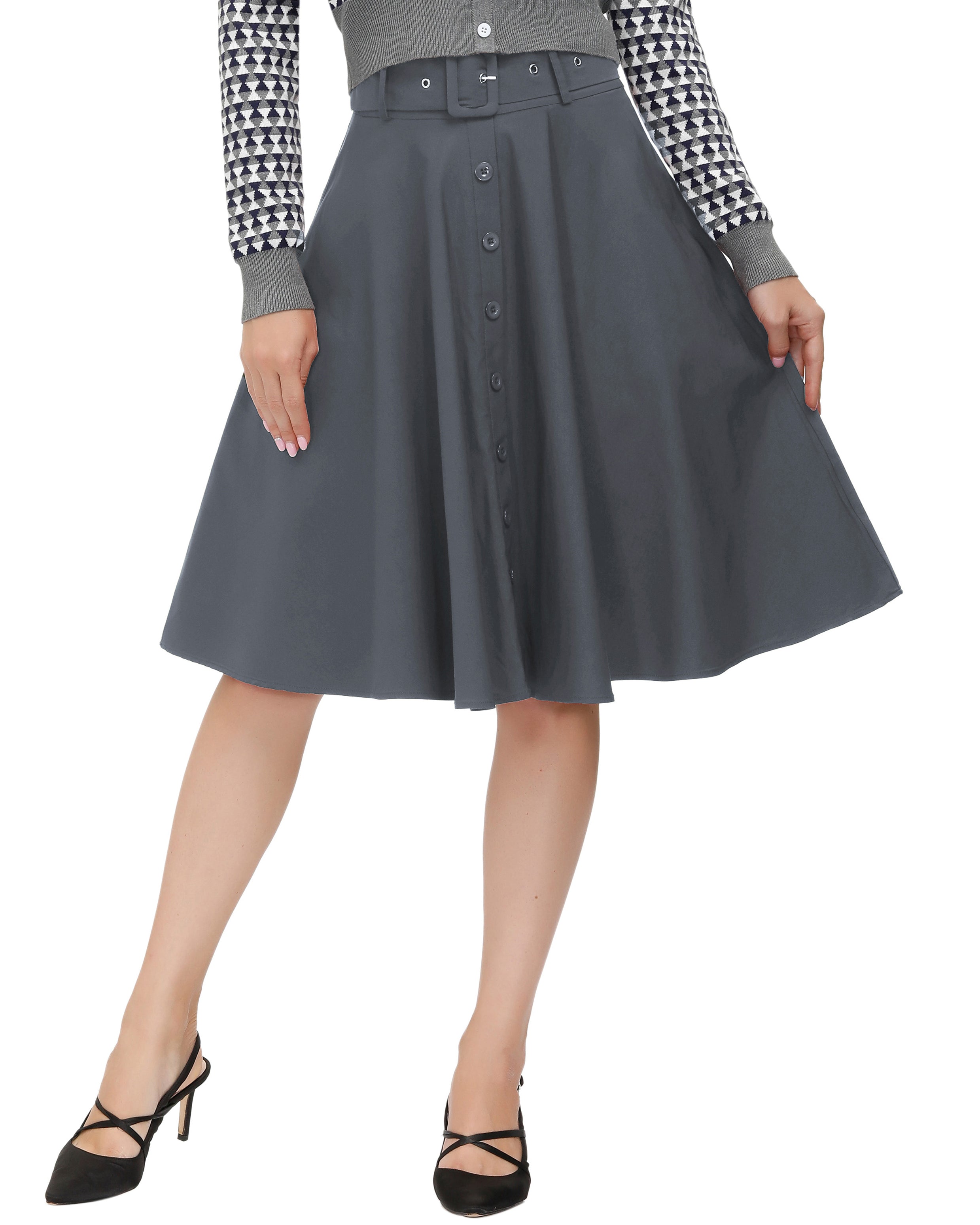 belle poque Vintage Stretch High Waist A-Line Flared Midi Skirts with Pockets & Belts