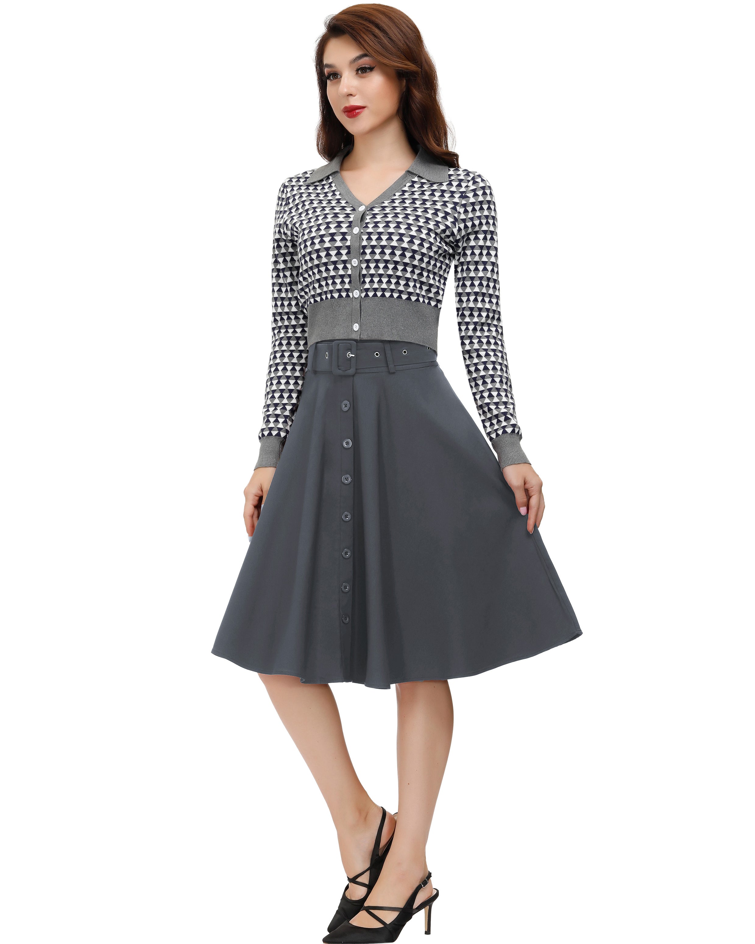 belle poque Vintage Stretch High Waist A-Line Flared Midi Skirts with Pockets & Belts