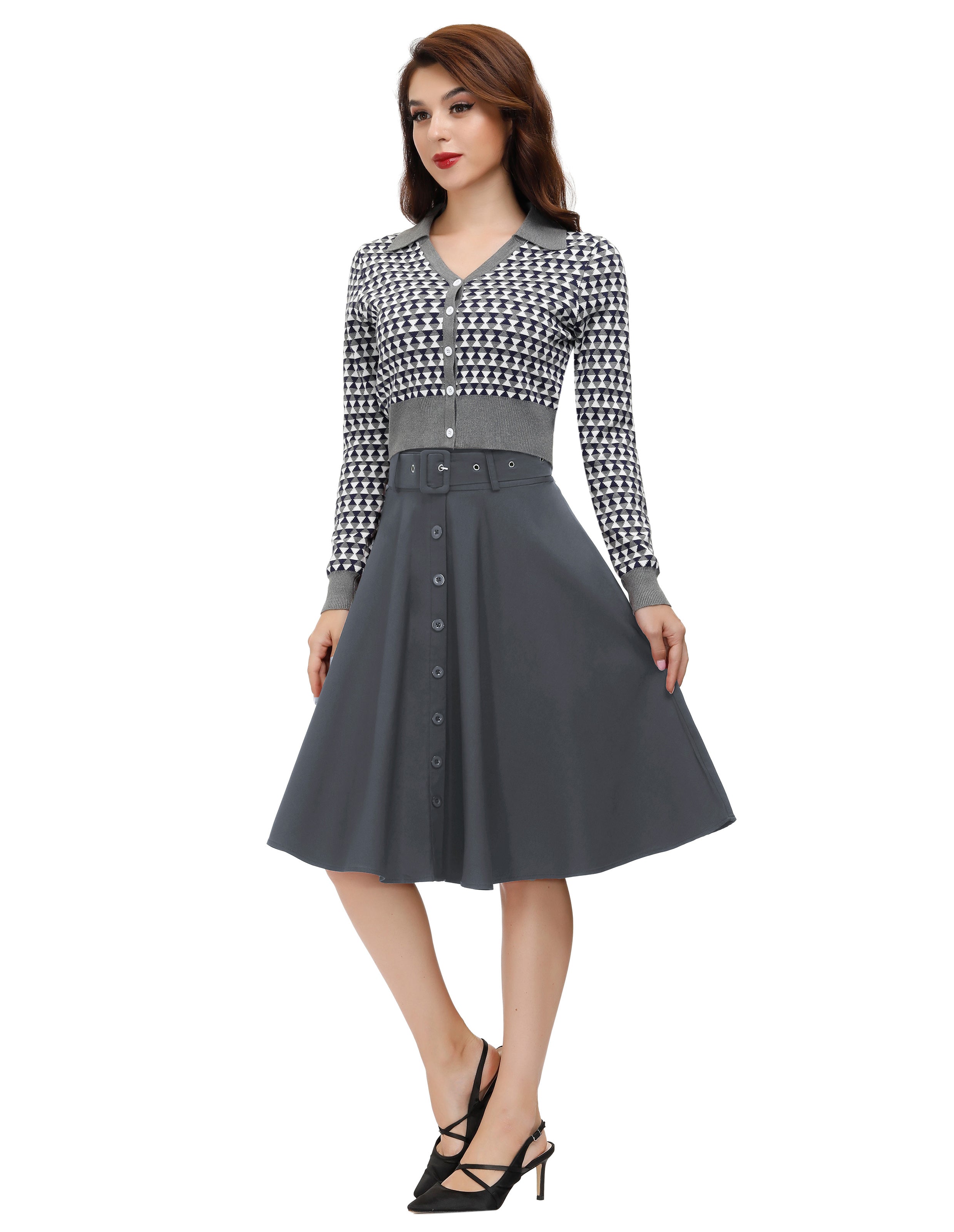 belle poque Vintage Stretch High Waist A-Line Flared Midi Skirts with Pockets & Belts