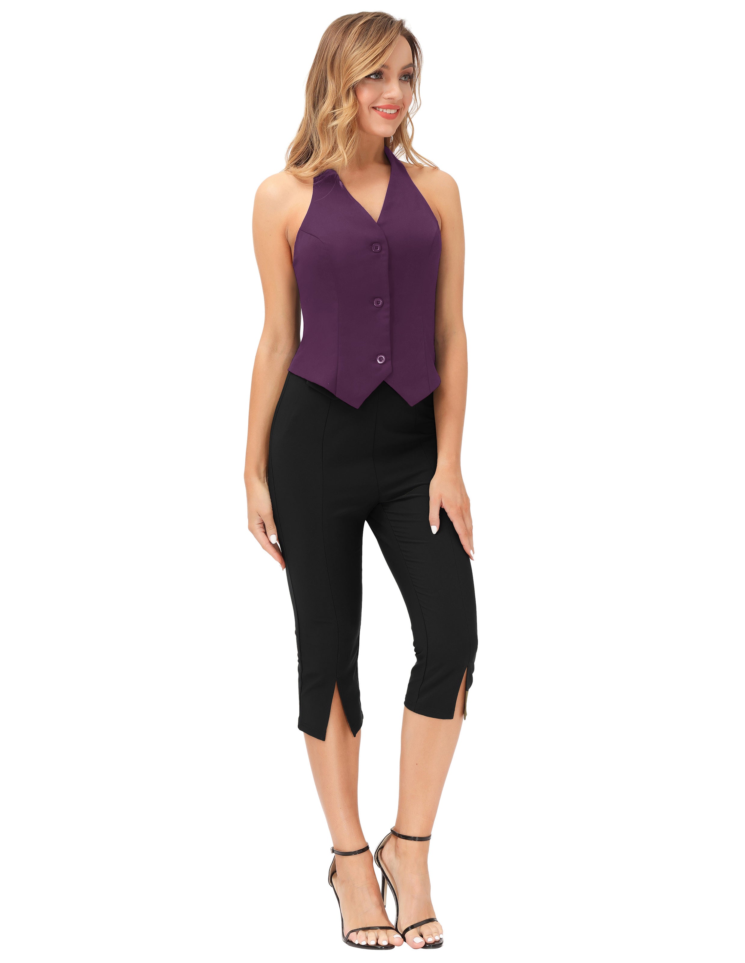 belle poque Seckill Offer⌛Solid Color Halter V-Neck Single Breasted Handkerchief Vest