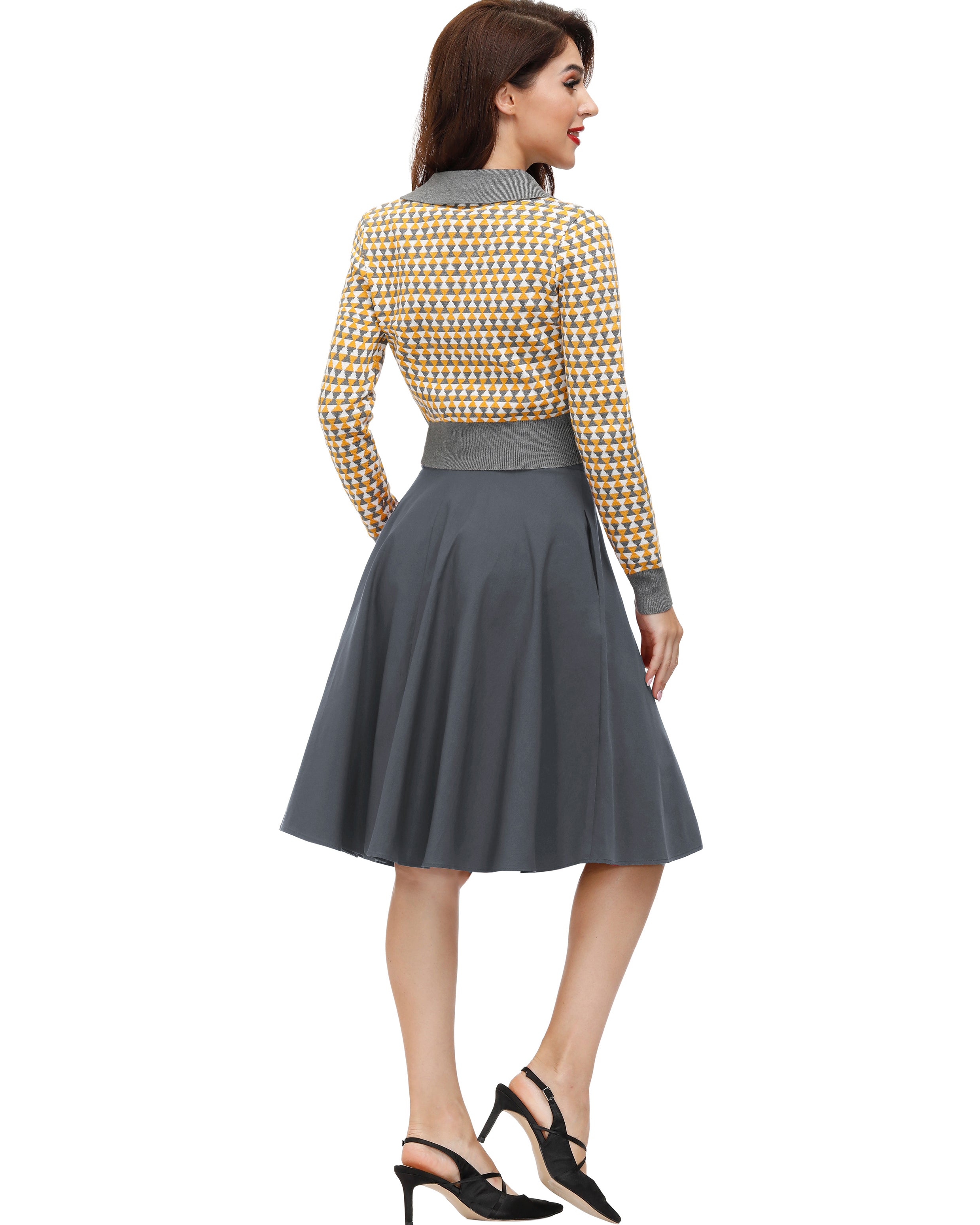belle poque Vintage Stretch High Waist A-Line Flared Midi Skirts with Pockets & Belts