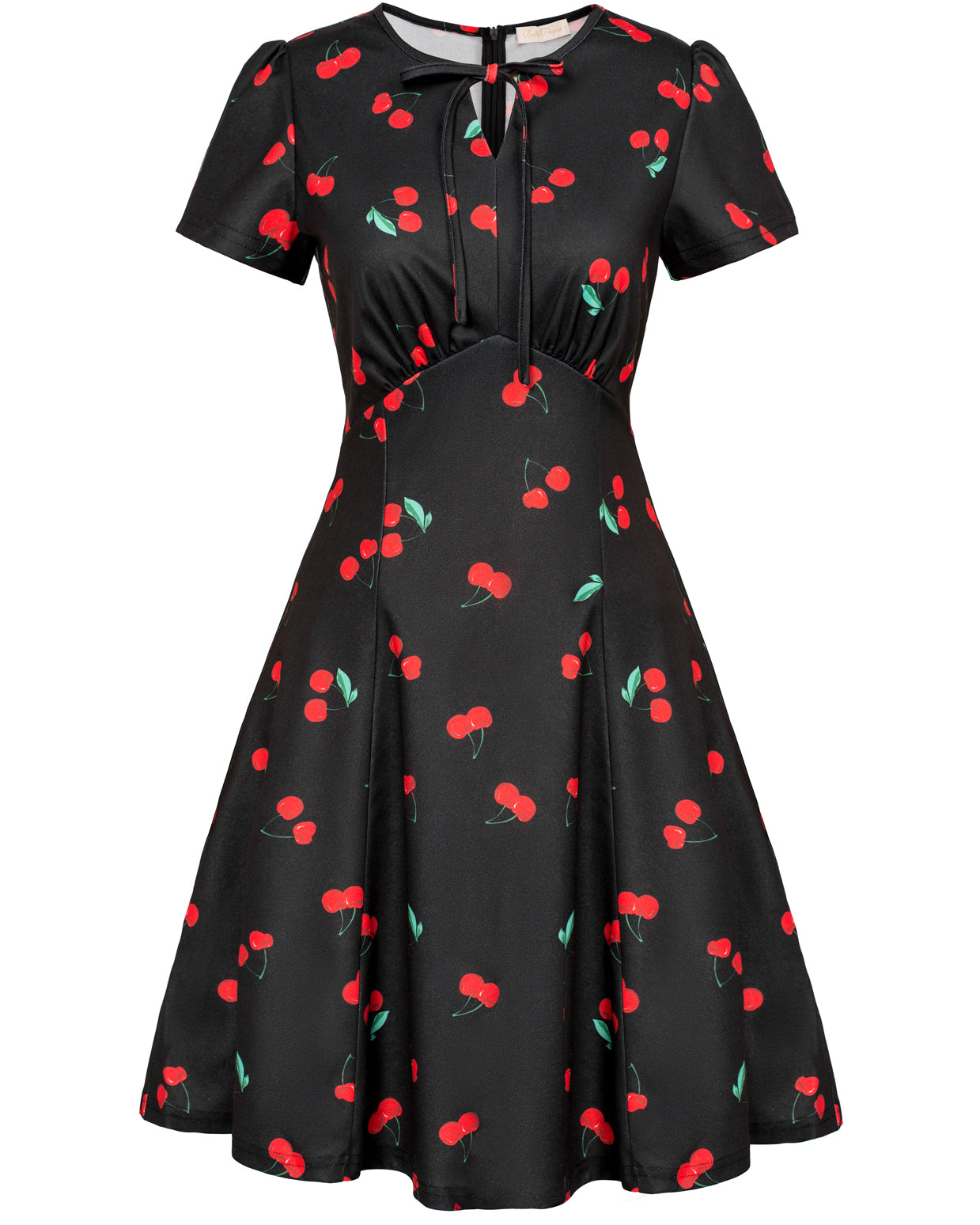 belle poque Vintage A-Line Swing Dress Keyhole Tie Dress Round Neck Work Dress Tea Dress Cherry